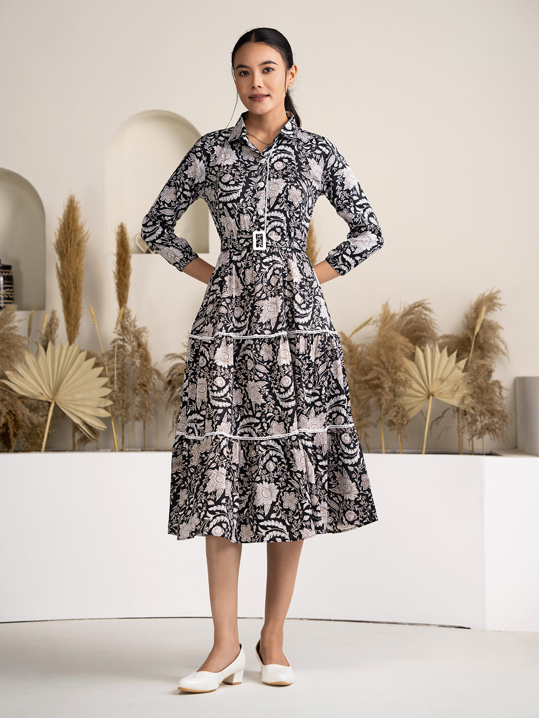 fit and flare dress knee length plus size Women's Black Crush Crepe Printed Fit and Flare Western Dress – Aaskstore