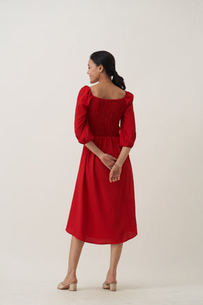 Puff Sleeve Smocked Crepe Fit  Flare Midi Dress