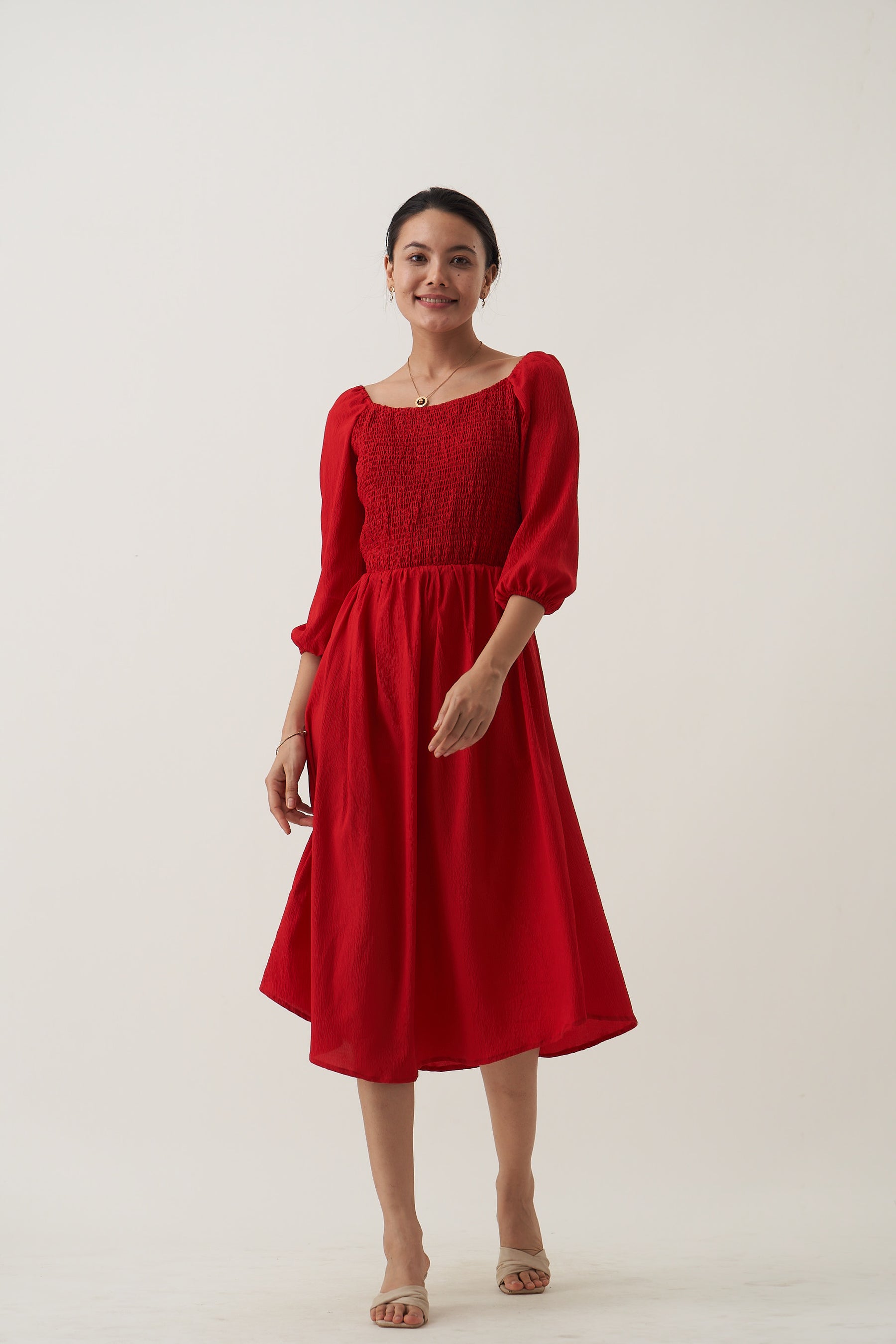 Puff Sleeve Smocked Crepe Fit  Flare Midi Dress