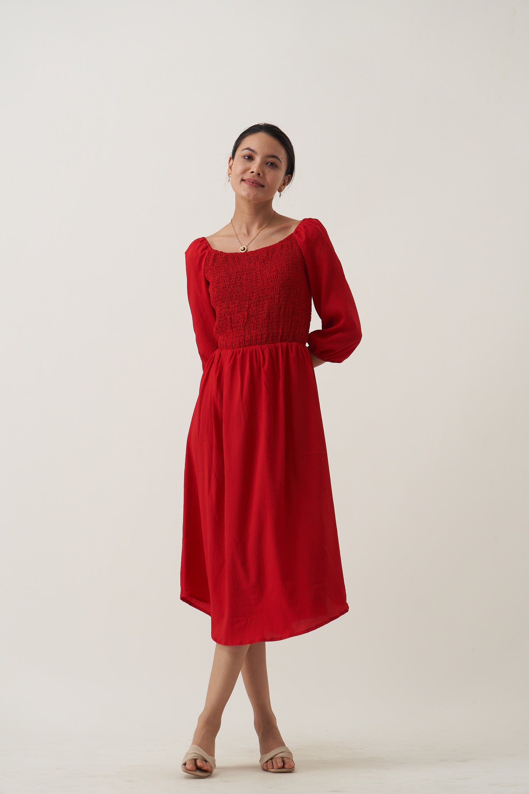 Puff Sleeve Smocked Crepe Fit  Flare Midi Dress