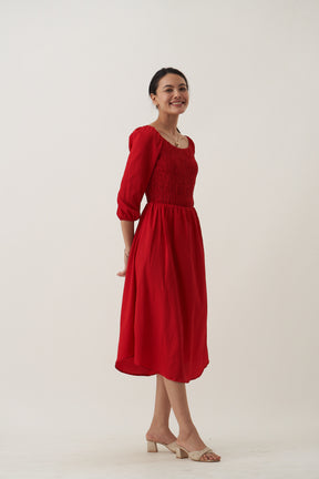 Puff Sleeve Smocked Crepe Fit  Flare Midi Dress