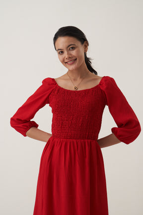 Puff Sleeve Smocked Crepe Fit  Flare Midi Dress