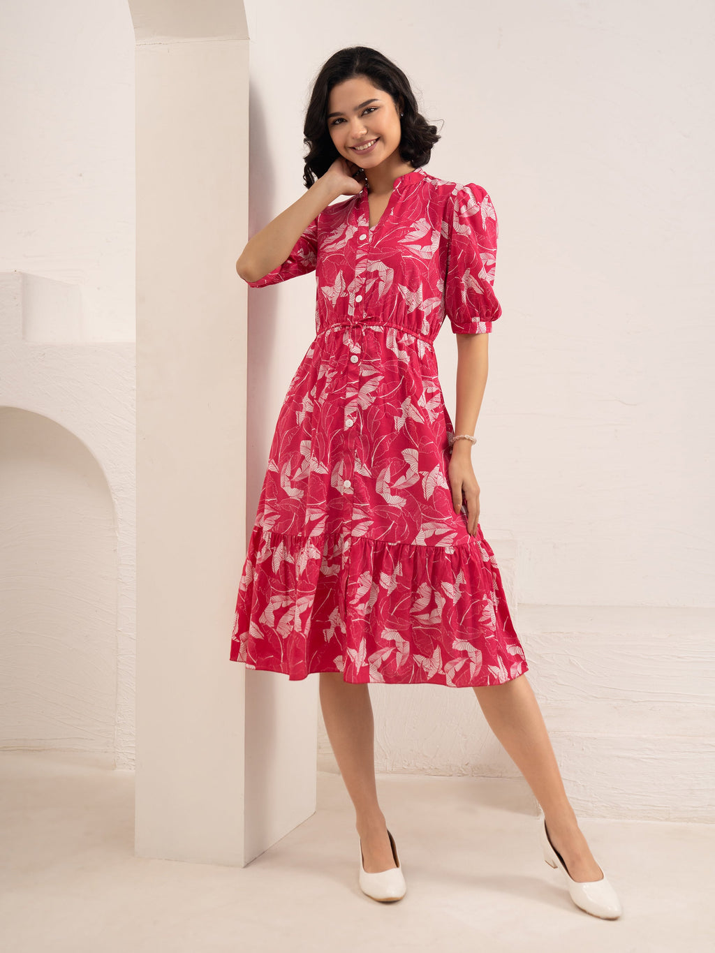 Aask Women NAVY BLUE Floral Print Bell Sleeve Crepe Fit & Flare Dress