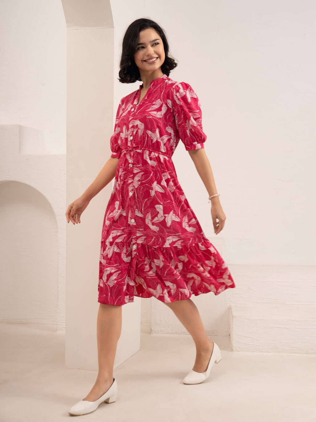 Aask Women NAVY BLUE Floral Print Bell Sleeve Crepe Fit & Flare Dress