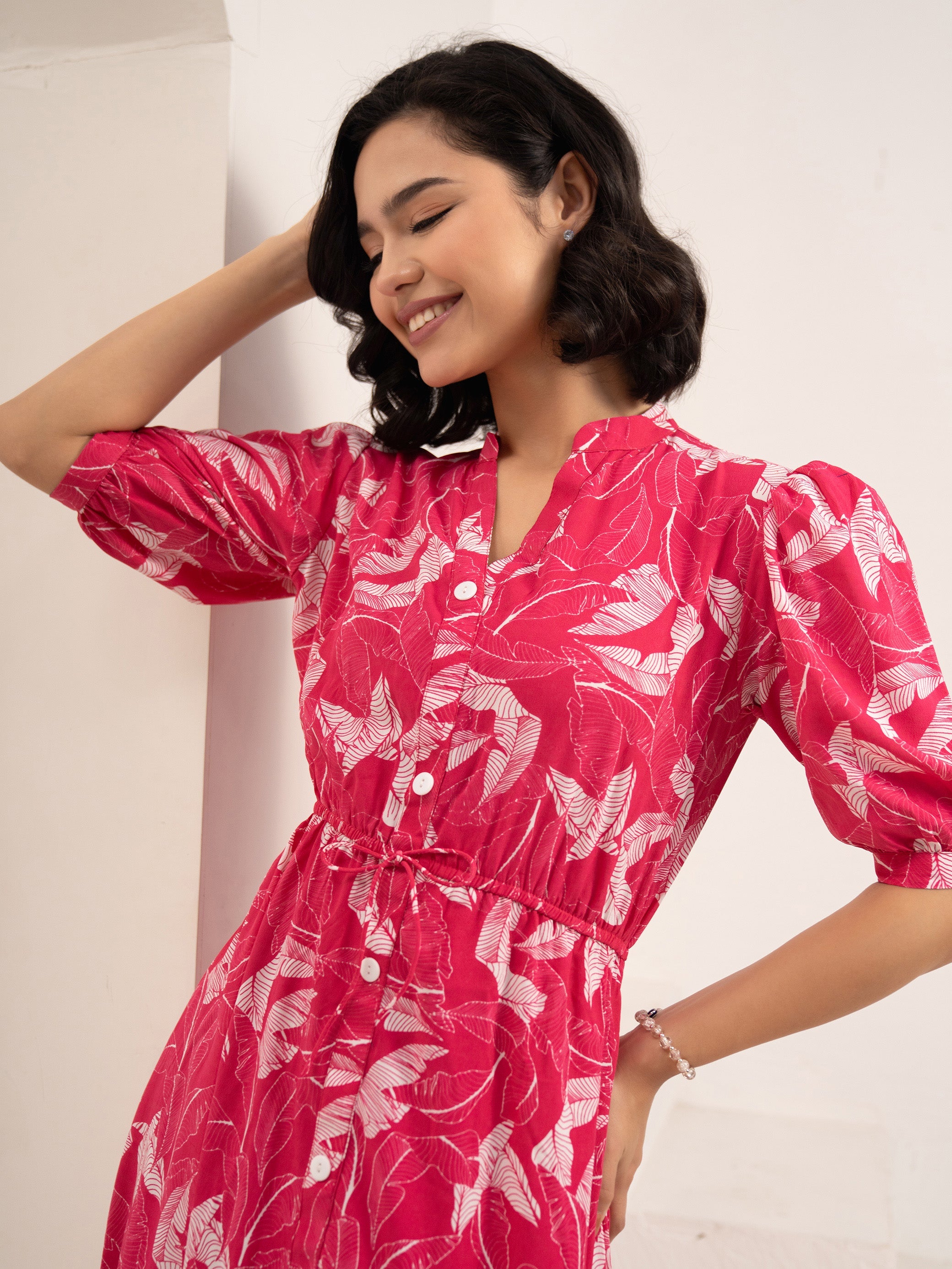 Aask Women NAVY BLUE Floral Print Bell Sleeve Crepe Fit & Flare Dress