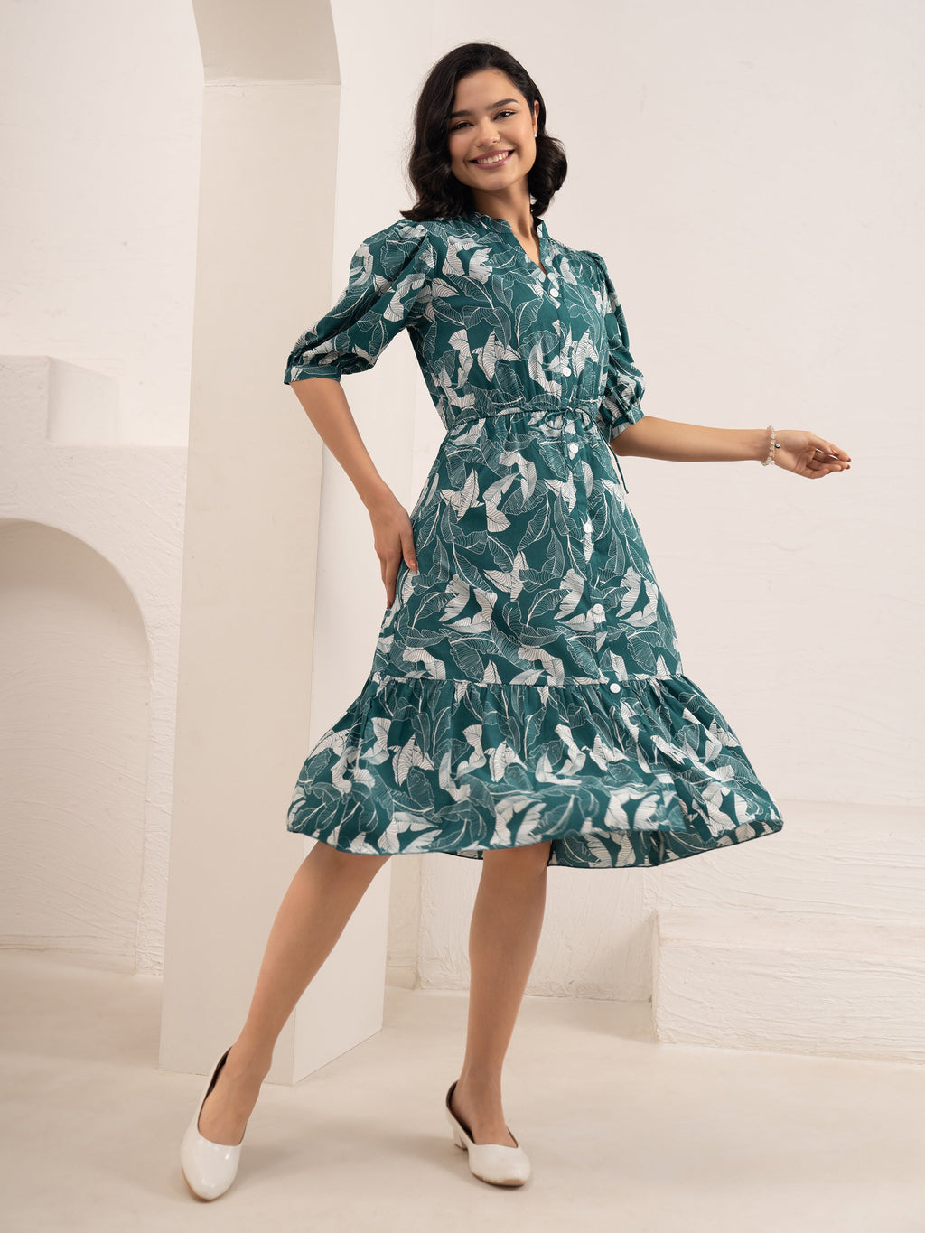Aask Women NAVY BLUE Floral Print Bell Sleeve Crepe Fit & Flare Dress