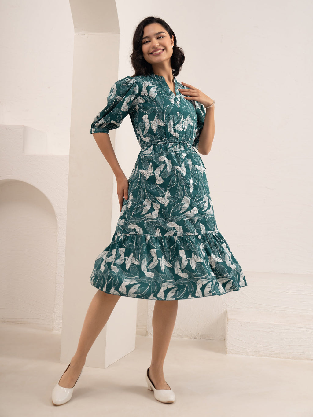 Aask Women NAVY BLUE Floral Print Bell Sleeve Crepe Fit & Flare Dress