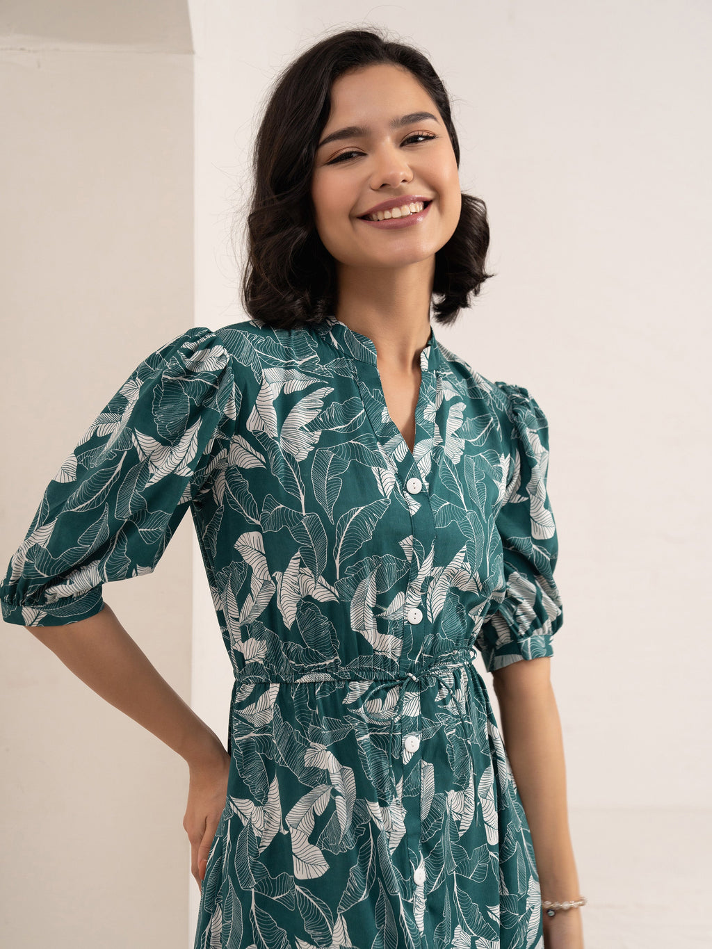 Aask Women NAVY BLUE Floral Print Bell Sleeve Crepe Fit & Flare Dress