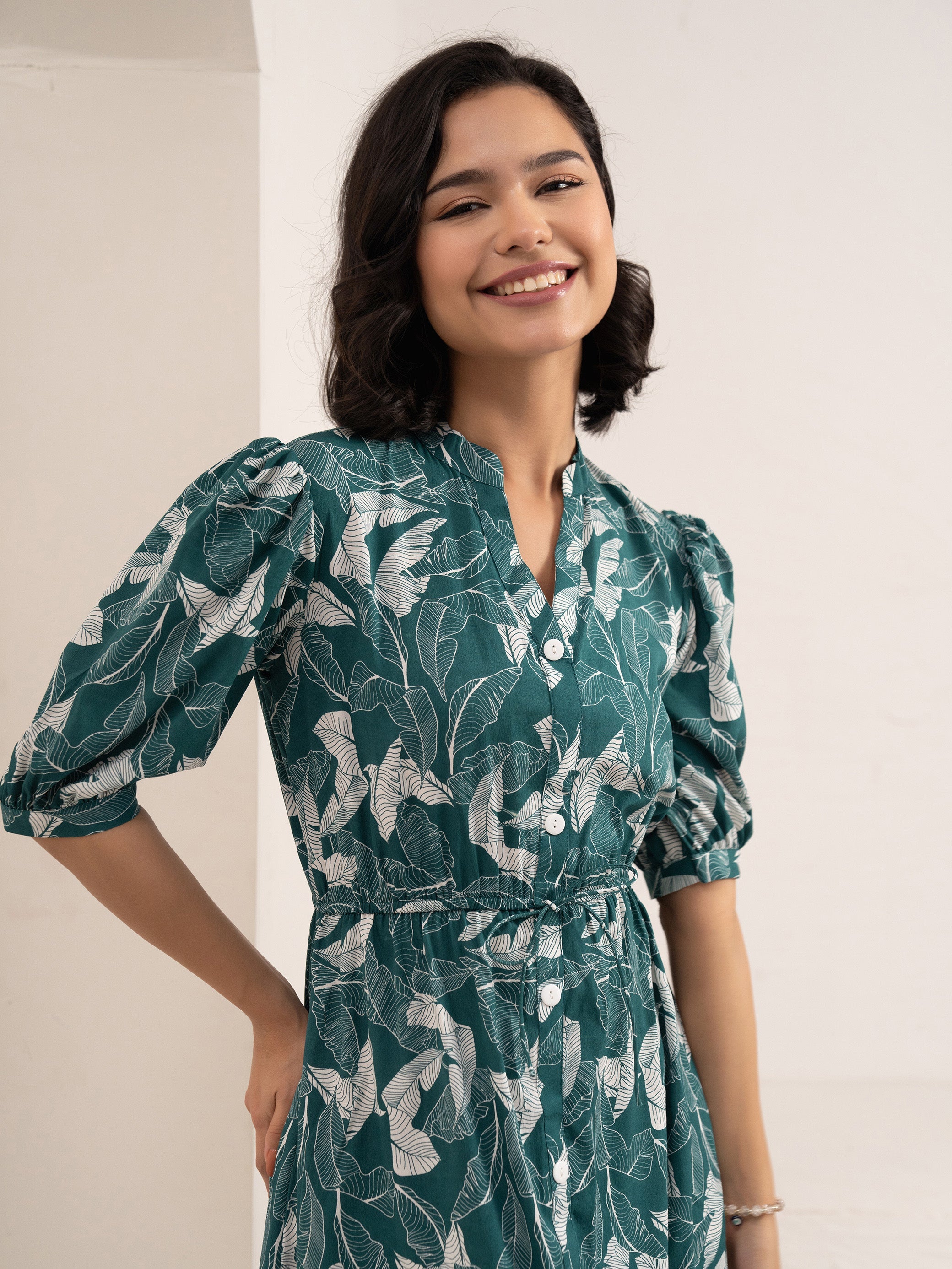 Aask Women NAVY BLUE Floral Print Bell Sleeve Crepe Fit & Flare Dress