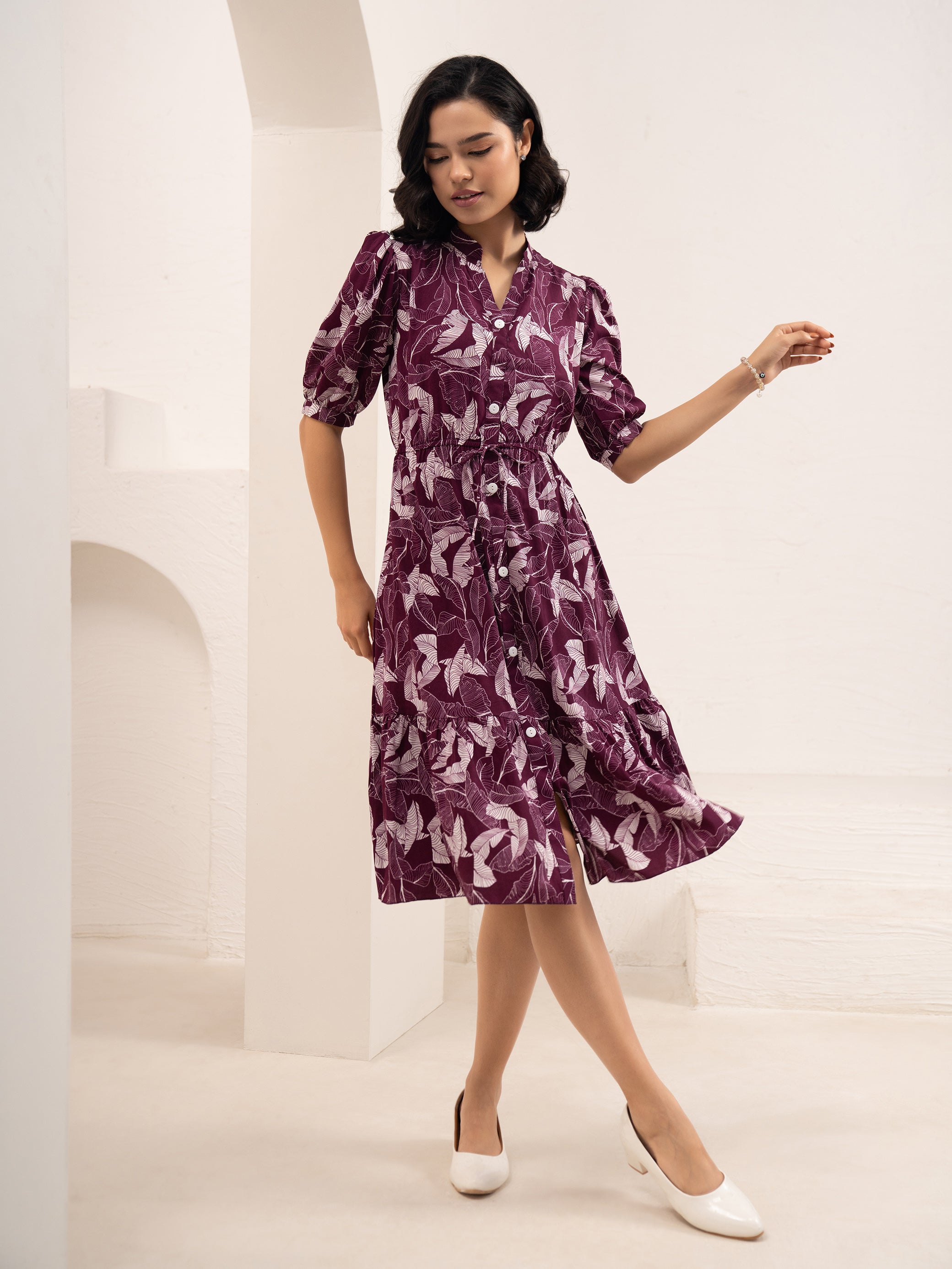 Aask Women NAVY BLUE Floral Print Bell Sleeve Crepe Fit & Flare Dress