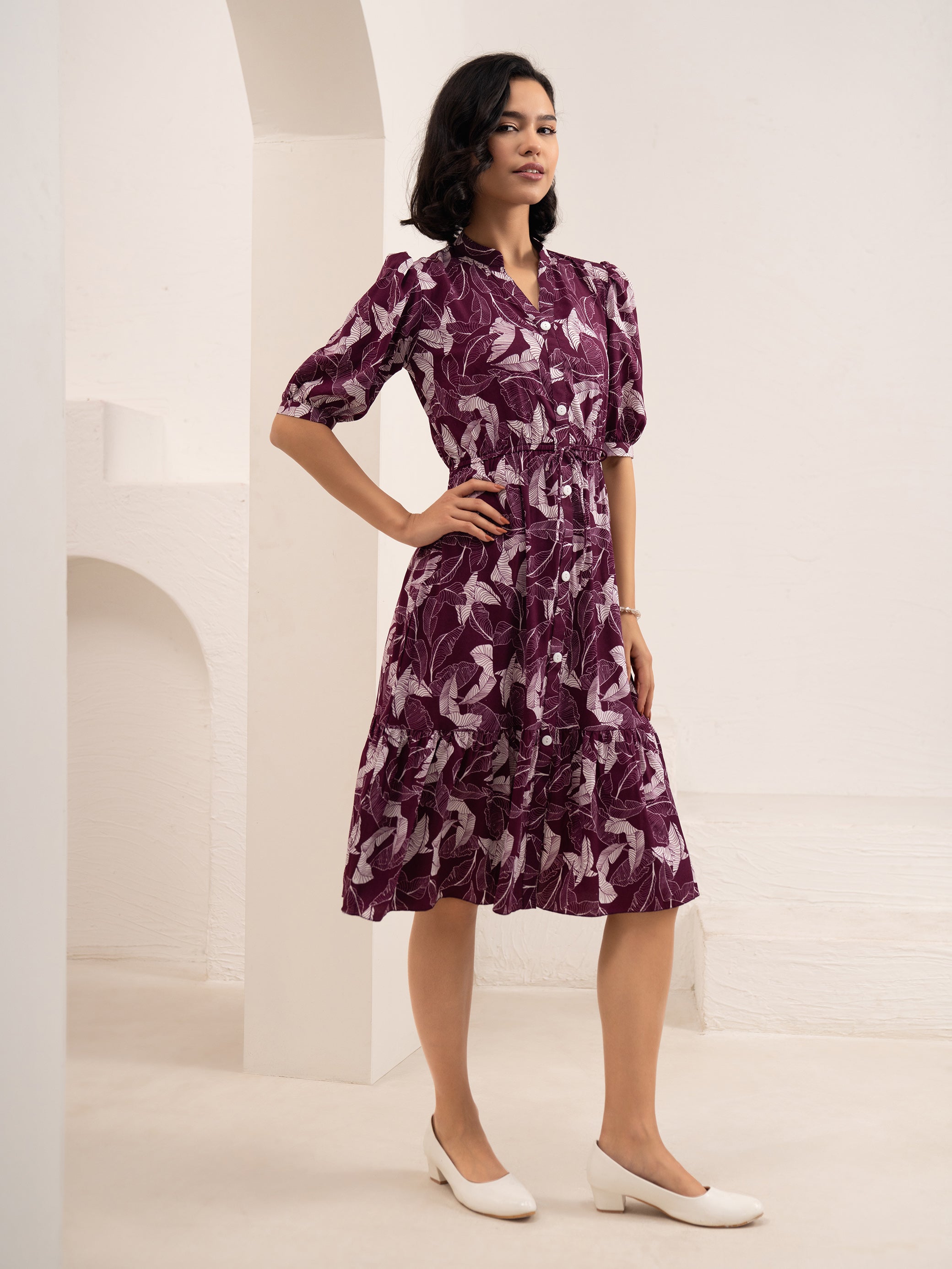 Aask Women NAVY BLUE Floral Print Bell Sleeve Crepe Fit & Flare Dress