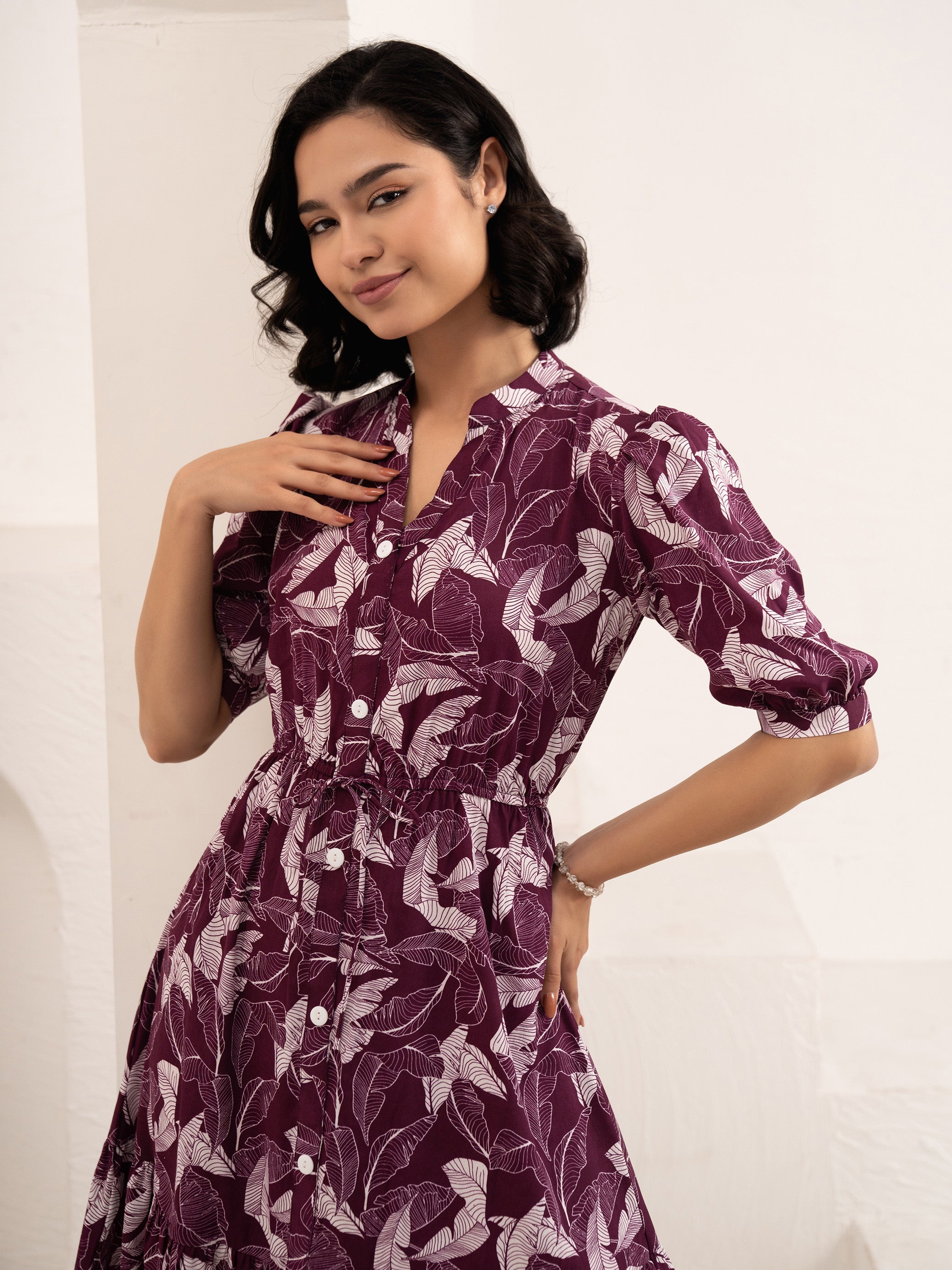 Aask Women NAVY BLUE Floral Print Bell Sleeve Crepe Fit & Flare Dress