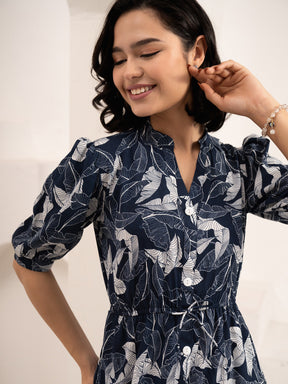 Aask Women NAVY BLUE Floral Print Bell Sleeve Crepe Fit & Flare Dress