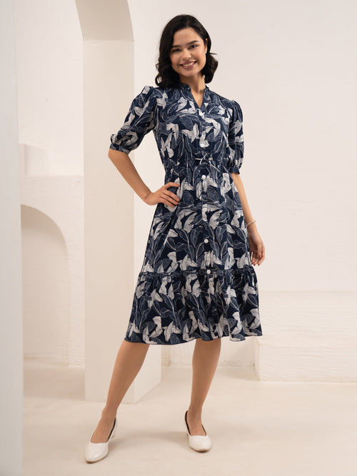 Aask Women NAVY BLUE Floral Print Bell Sleeve Crepe Fit & Flare Dress