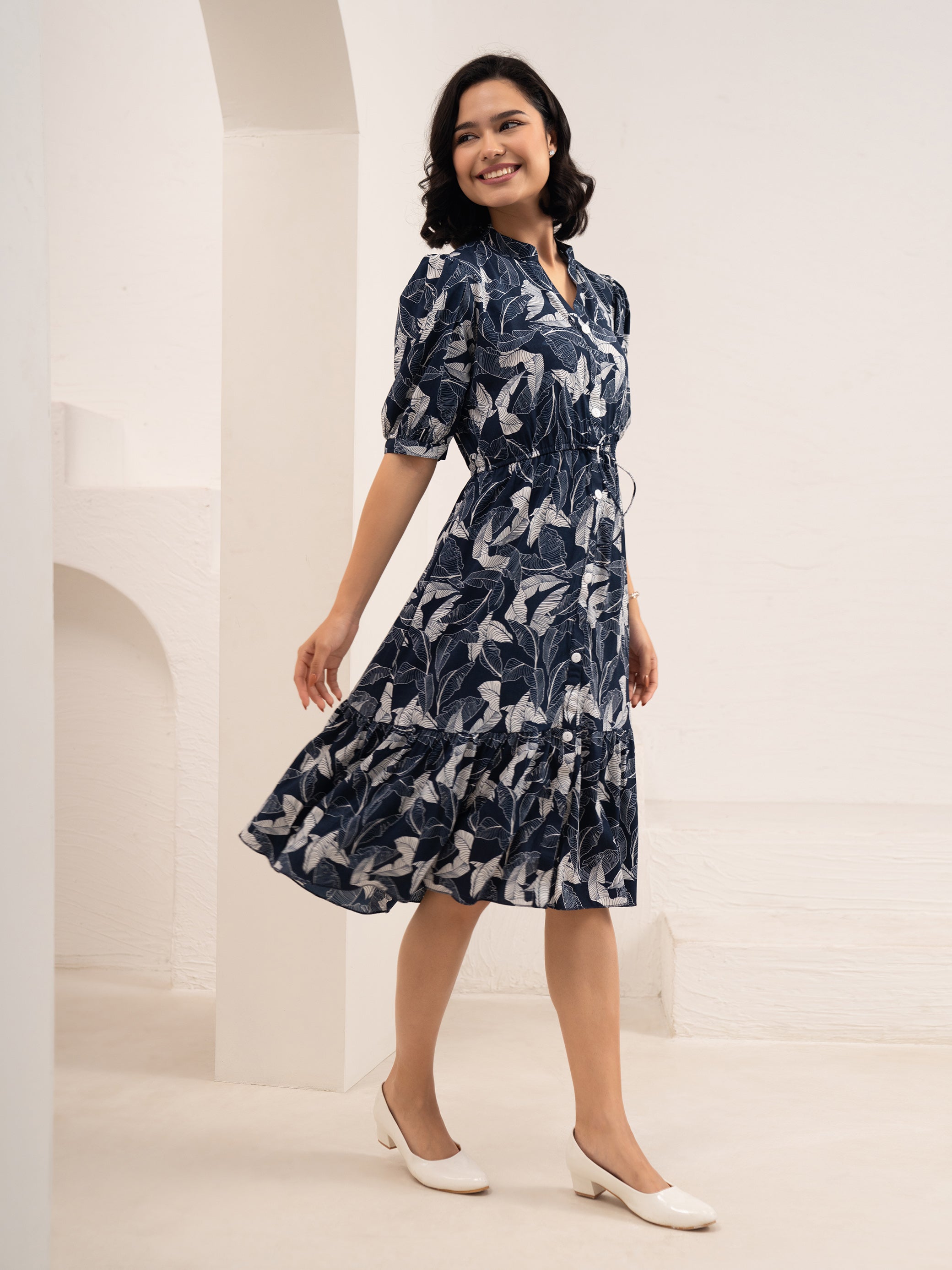 Aask Women NAVY BLUE Floral Print Bell Sleeve Crepe Fit & Flare Dress