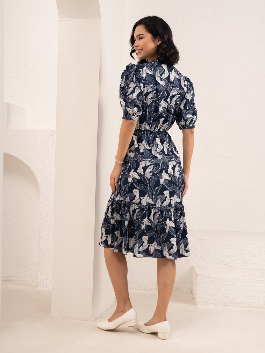 Aask Women NAVY BLUE Floral Print Bell Sleeve Crepe Fit & Flare Dress