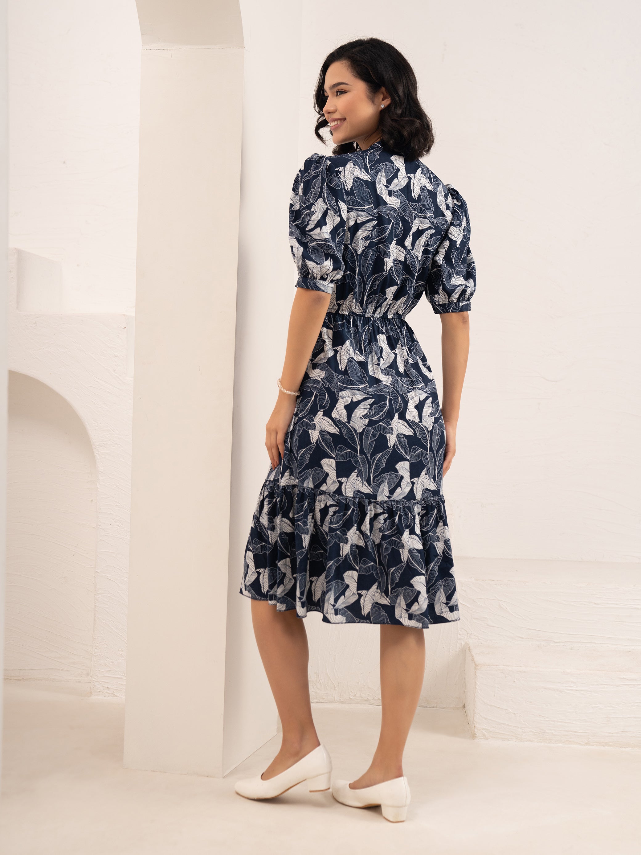 Aask Women NAVY BLUE Floral Print Bell Sleeve Crepe Fit & Flare Dress