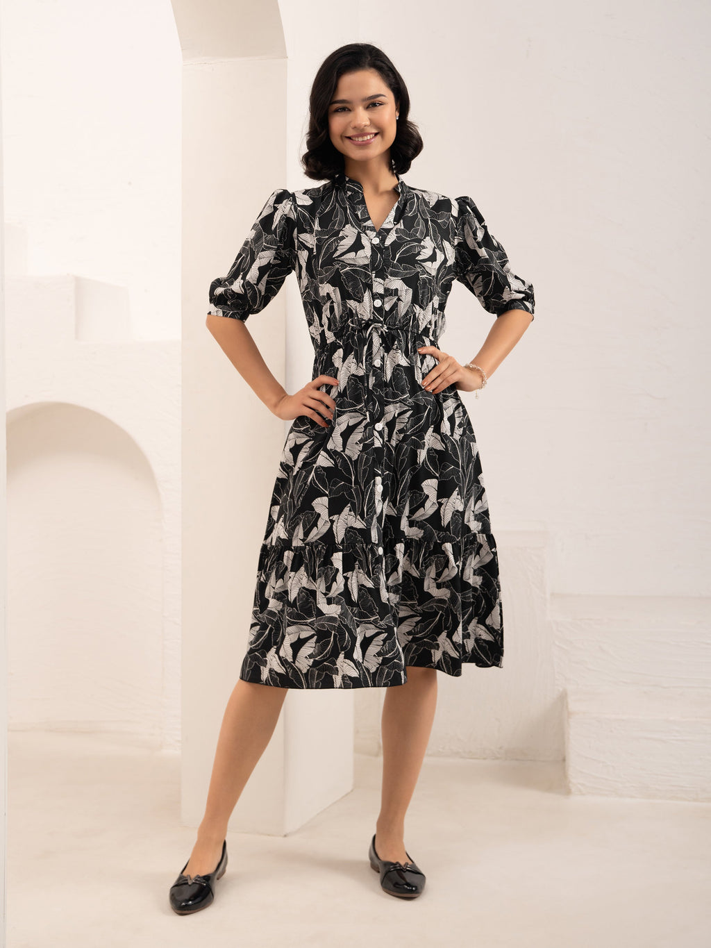Aask Women NAVY BLUE Floral Print Bell Sleeve Crepe Fit & Flare Dress
