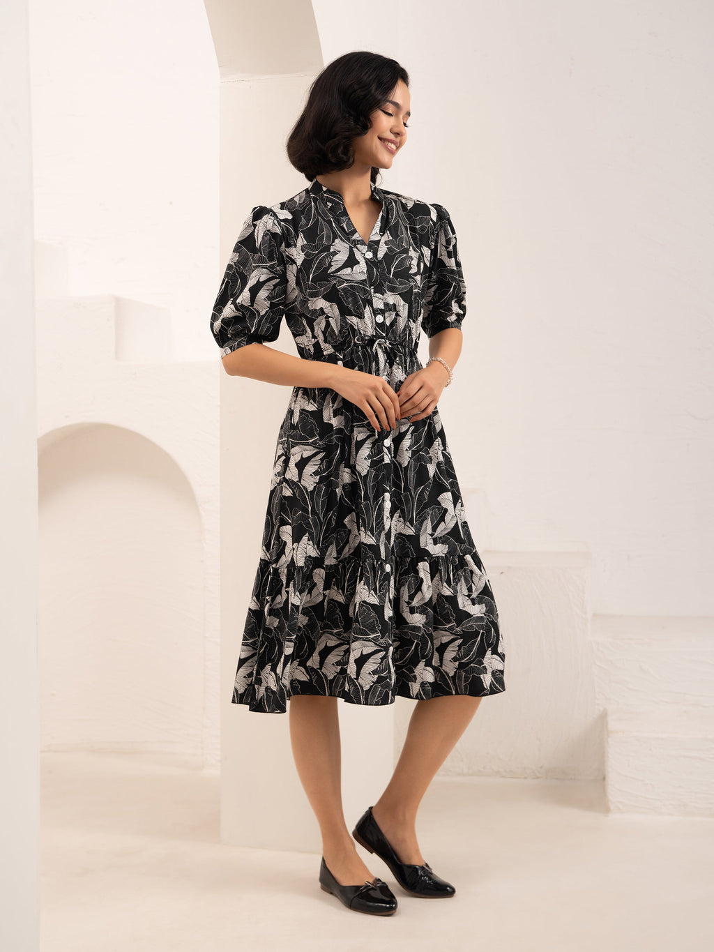 Aask Women NAVY BLUE Floral Print Bell Sleeve Crepe Fit & Flare Dress