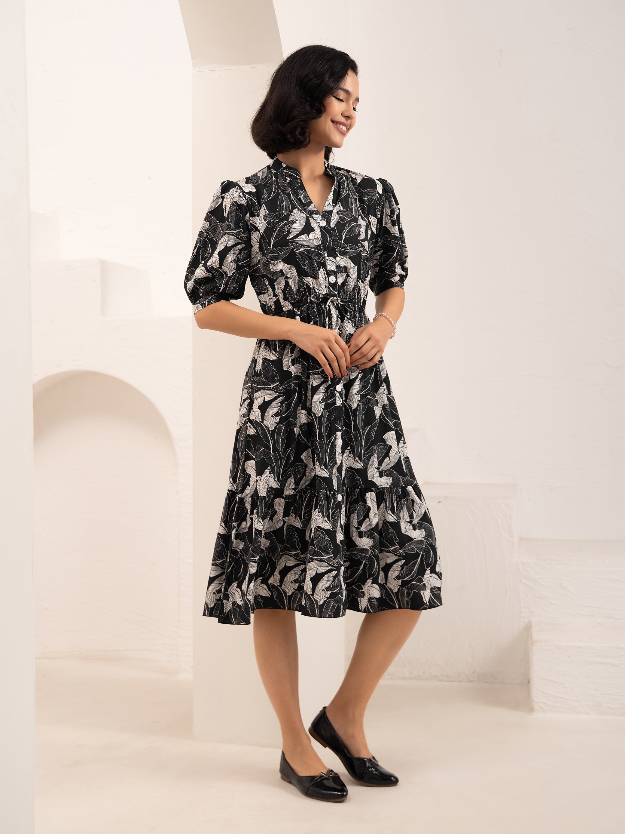 Aask Women NAVY BLUE Floral Print Bell Sleeve Crepe Fit & Flare Dress