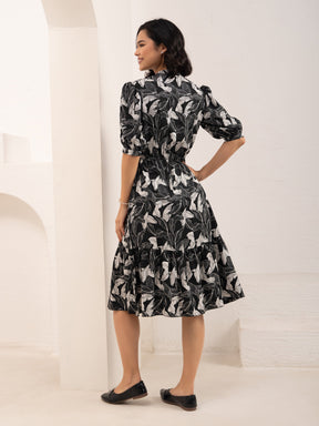 Aask Women NAVY BLUE Floral Print Bell Sleeve Crepe Fit & Flare Dress