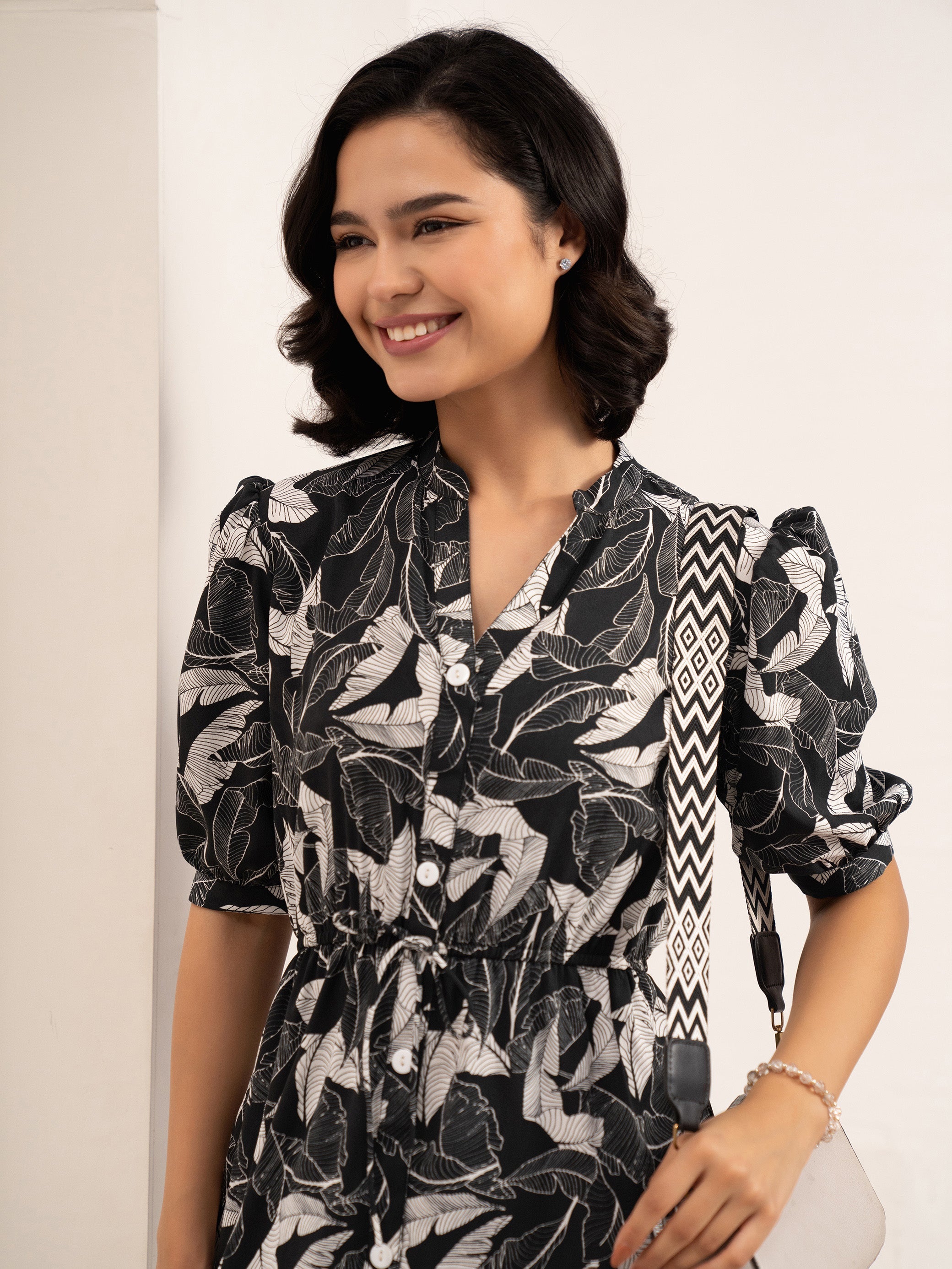 Aask Women NAVY BLUE Floral Print Bell Sleeve Crepe Fit & Flare Dress