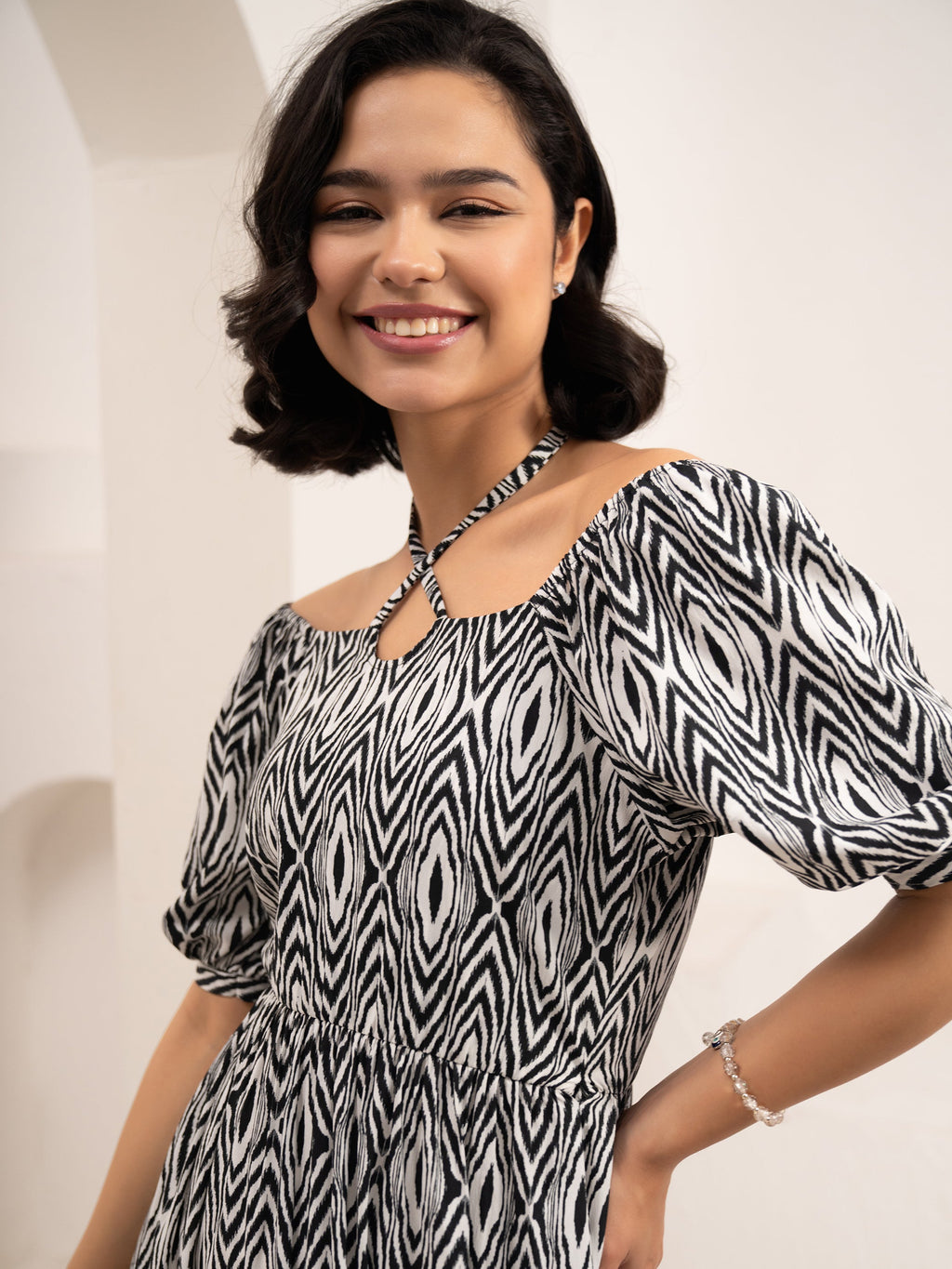 Aask Women's Black Printed Crush Crepe Tiered Fit - Flare Midi Length Dress