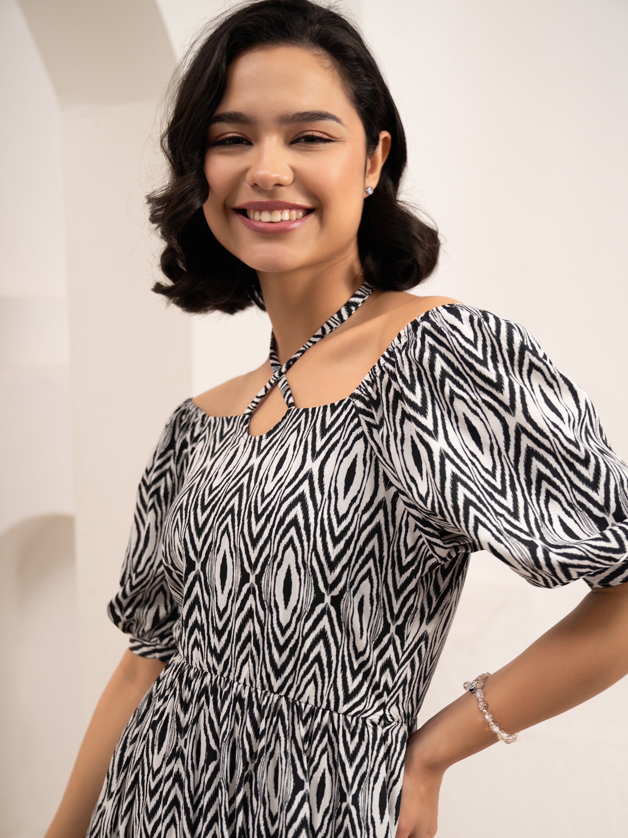 Aask Women's Black Printed Crush Crepe Tiered Fit - Flare Midi Length Dress