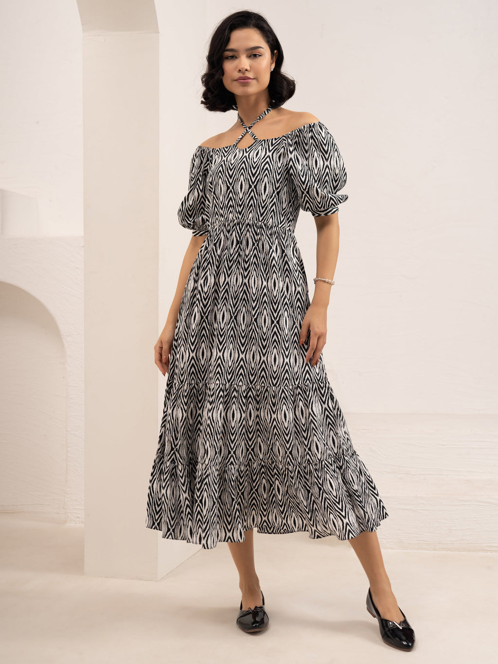 Aask Women's Black Printed Crush Crepe Tiered Fit - Flare Midi Length Dress