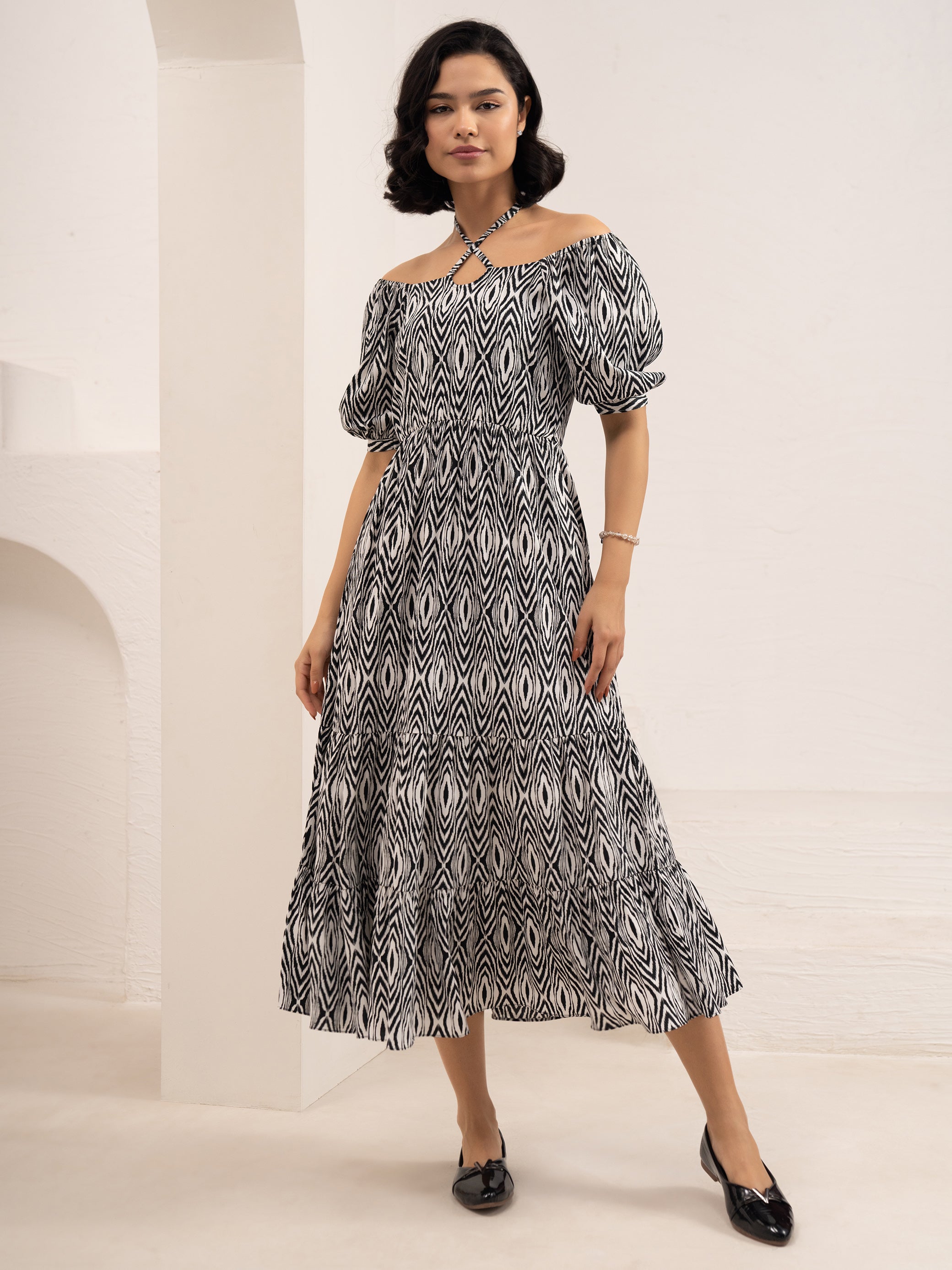 Aask Women's Black Printed Crush Crepe Tiered Fit - Flare Midi Length Dress