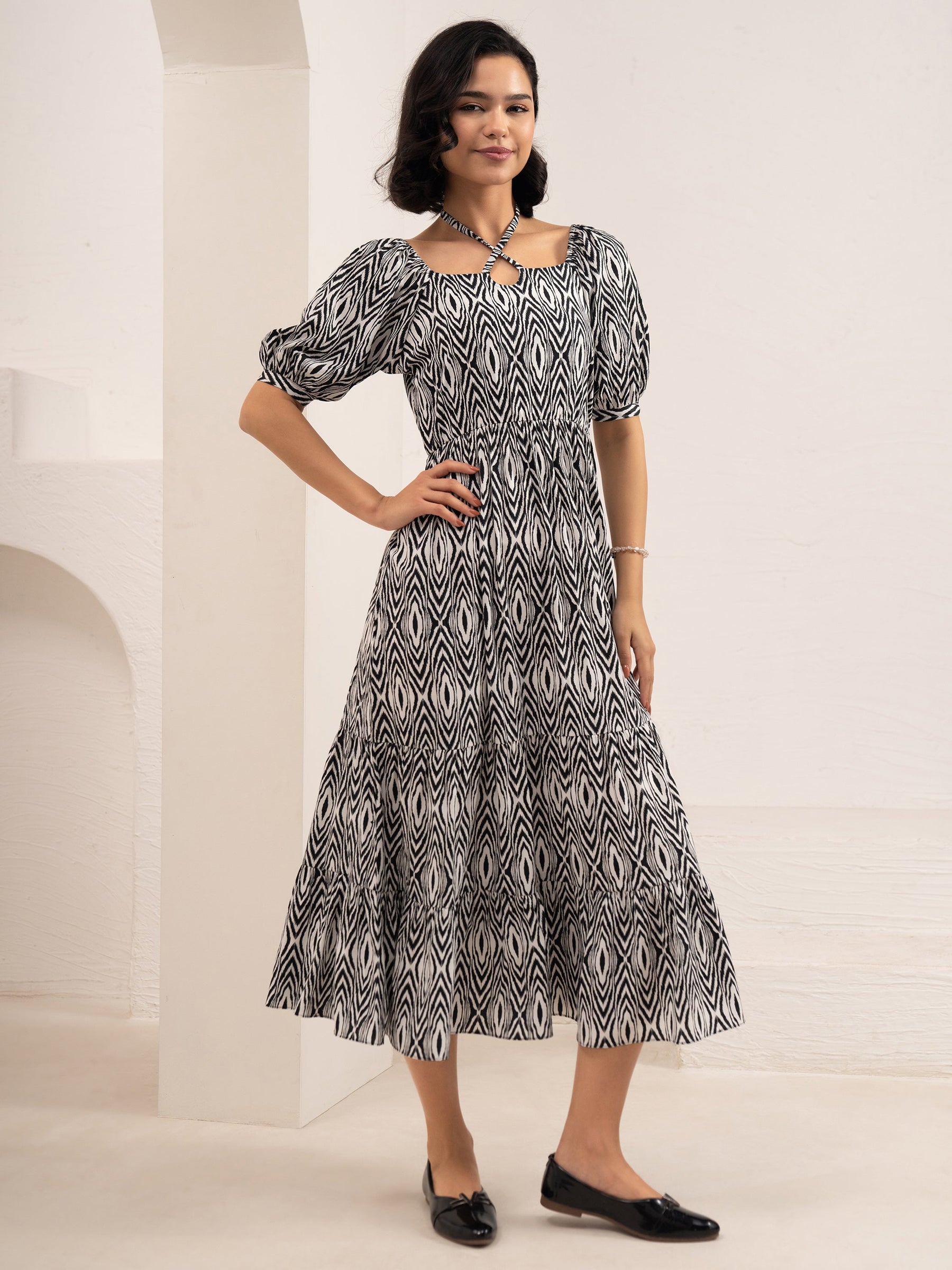 Aask Women's Black Printed Crush Crepe Tiered Fit - Flare Midi Length Dress