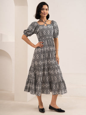Aask Women's Black Printed Crush Crepe Tiered Fit - Flare Midi Length Dress