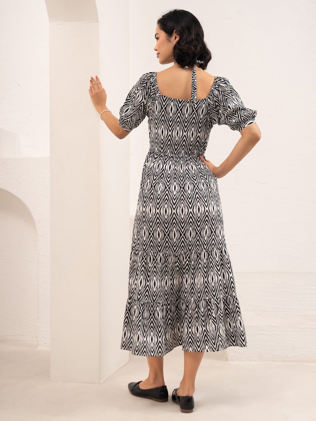 Aask Women's Black Printed Crush Crepe Tiered Fit - Flare Midi Length Dress