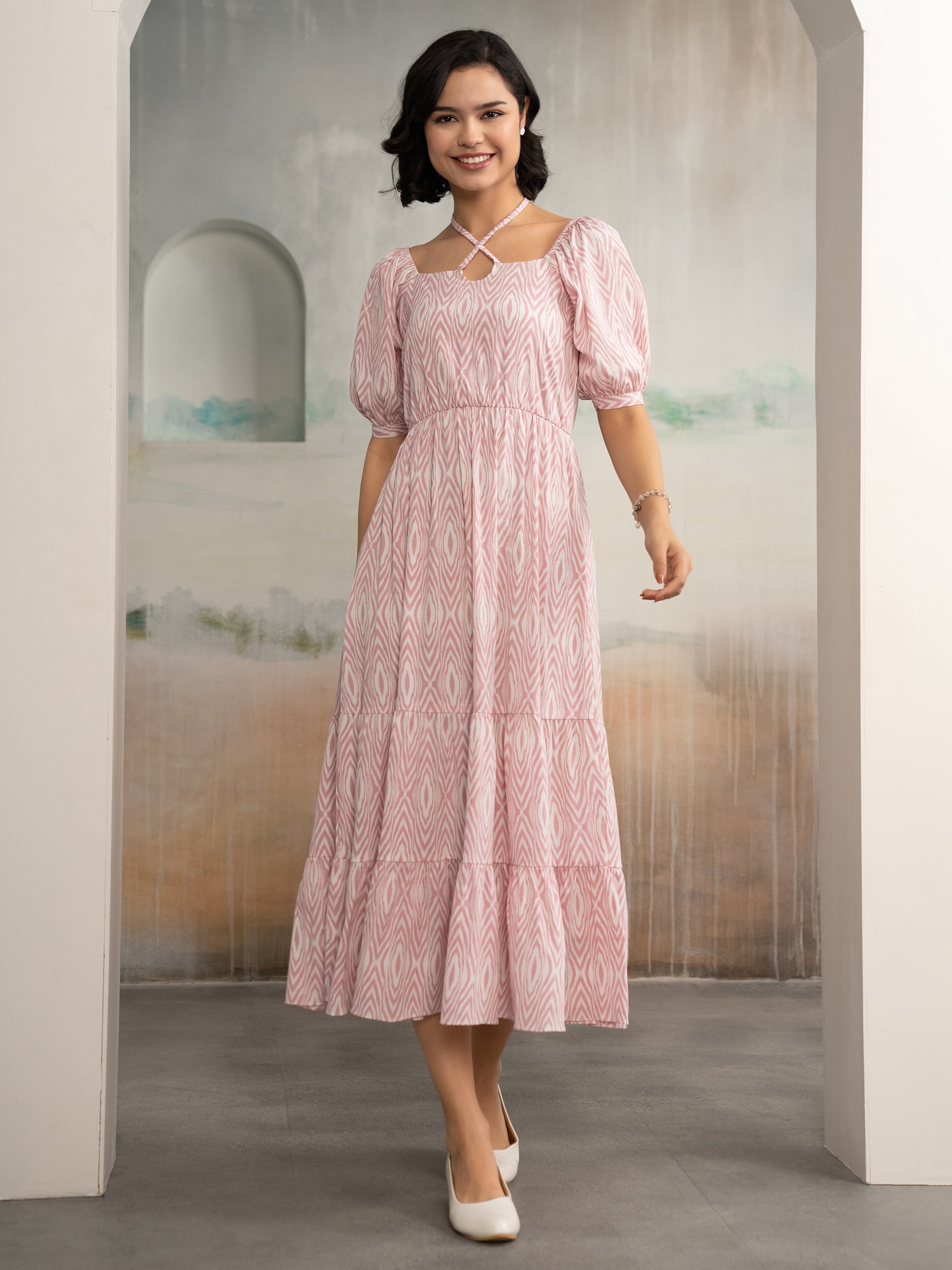 Aask Women's Black Printed Crush Crepe Tiered Fit - Flare Midi Length Dress