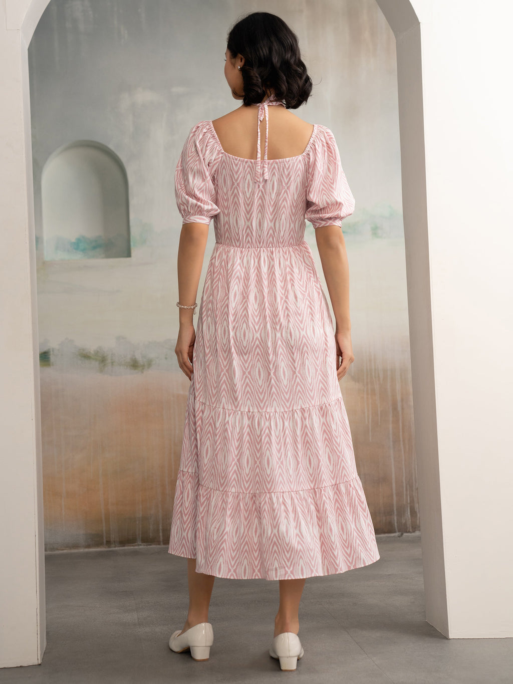 Aask Women's Black Printed Crush Crepe Tiered Fit - Flare Midi Length Dress