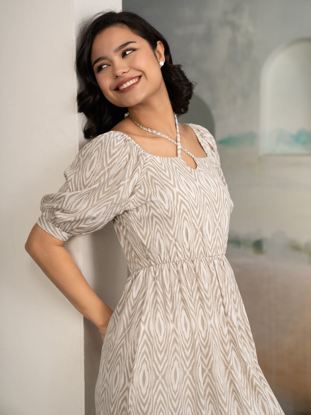 Aask Women's Black Printed Crush Crepe Tiered Fit - Flare Midi Length Dress