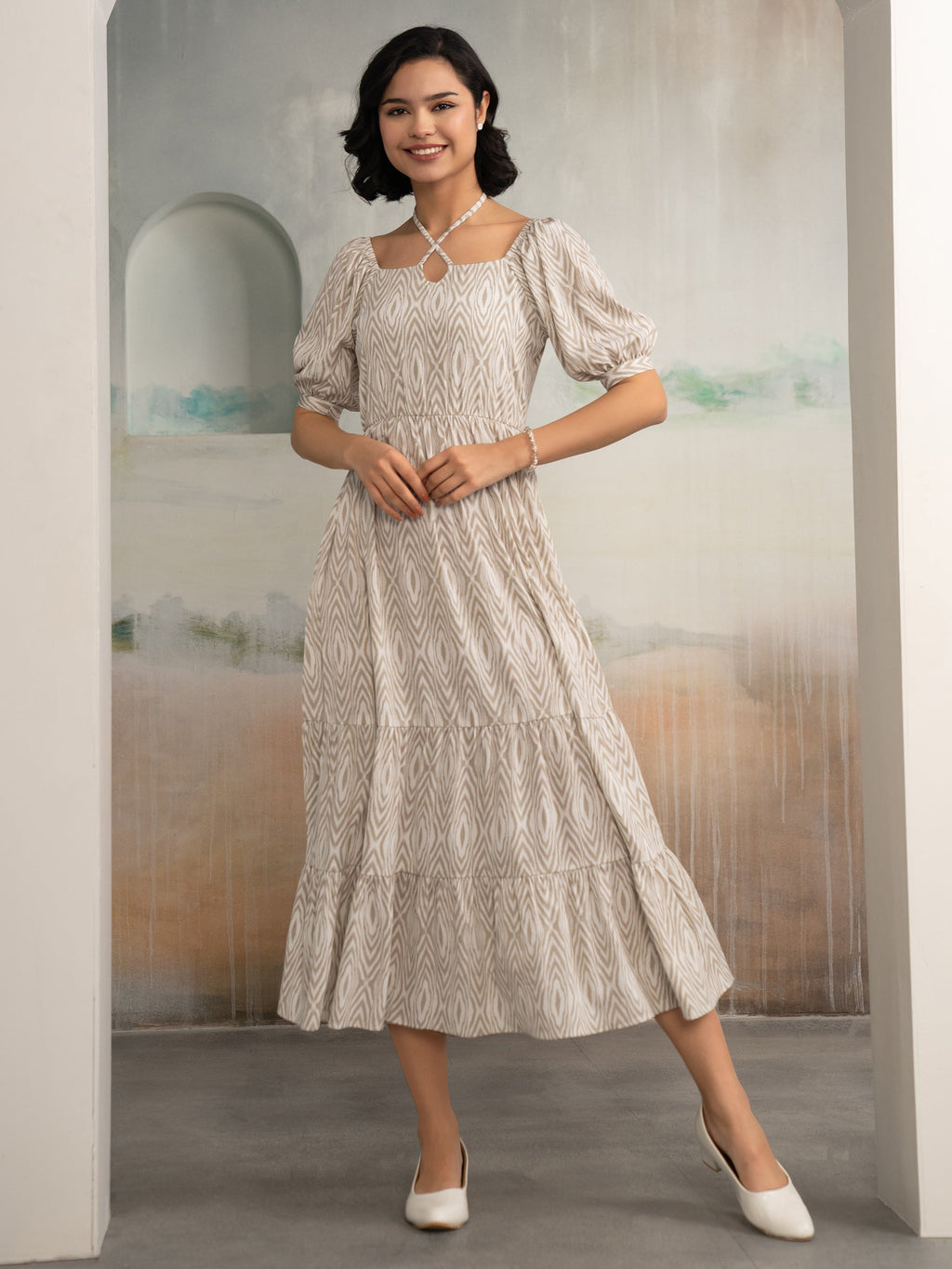 Aask Women's Black Printed Crush Crepe Tiered Fit - Flare Midi Length Dress