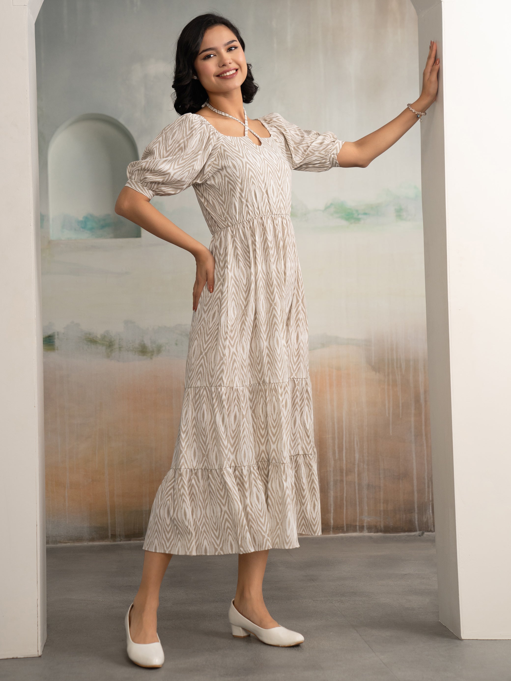 Aask Women's Black Printed Crush Crepe Tiered Fit - Flare Midi Length Dress