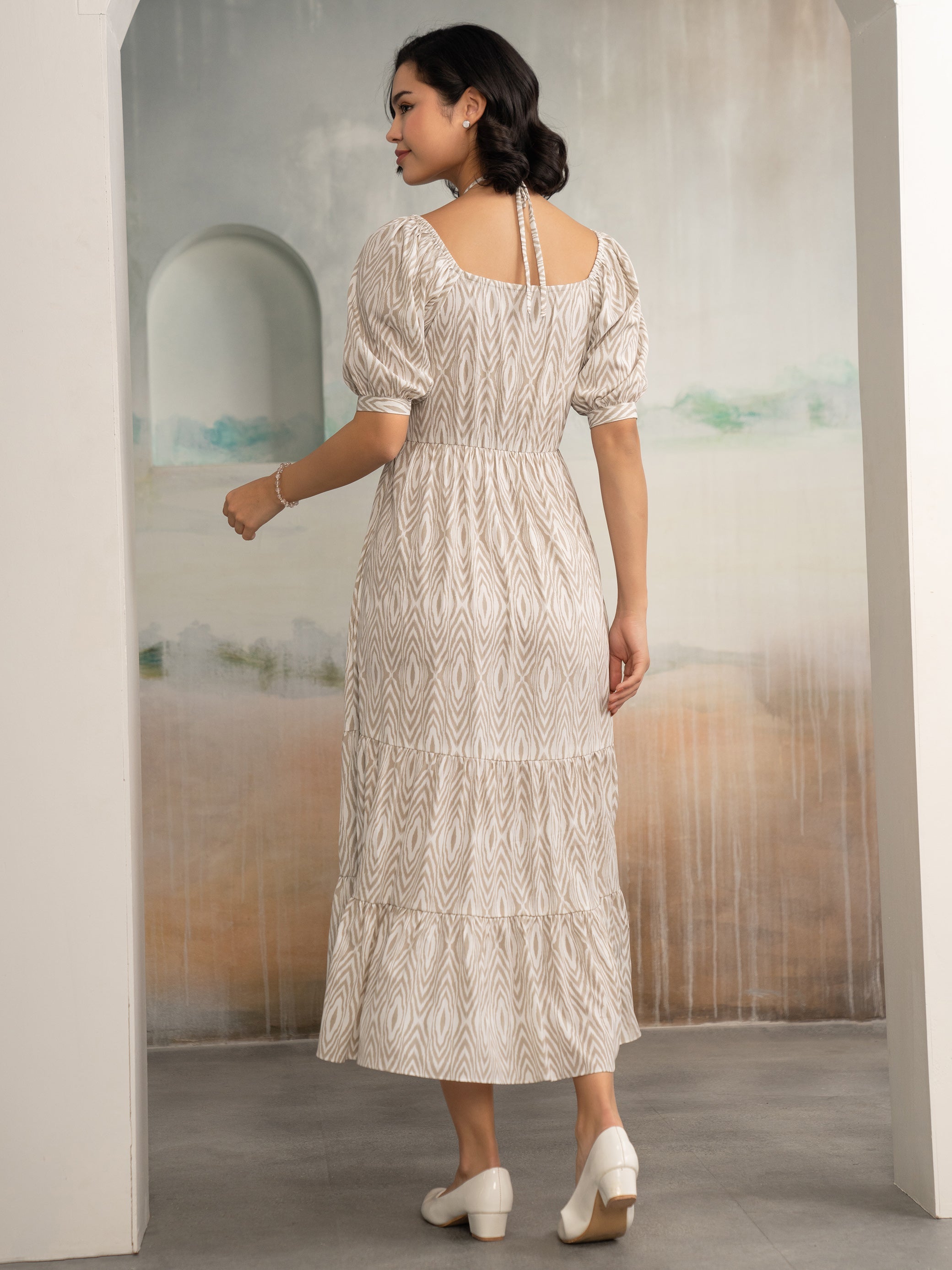 Aask Women's Black Printed Crush Crepe Tiered Fit - Flare Midi Length Dress