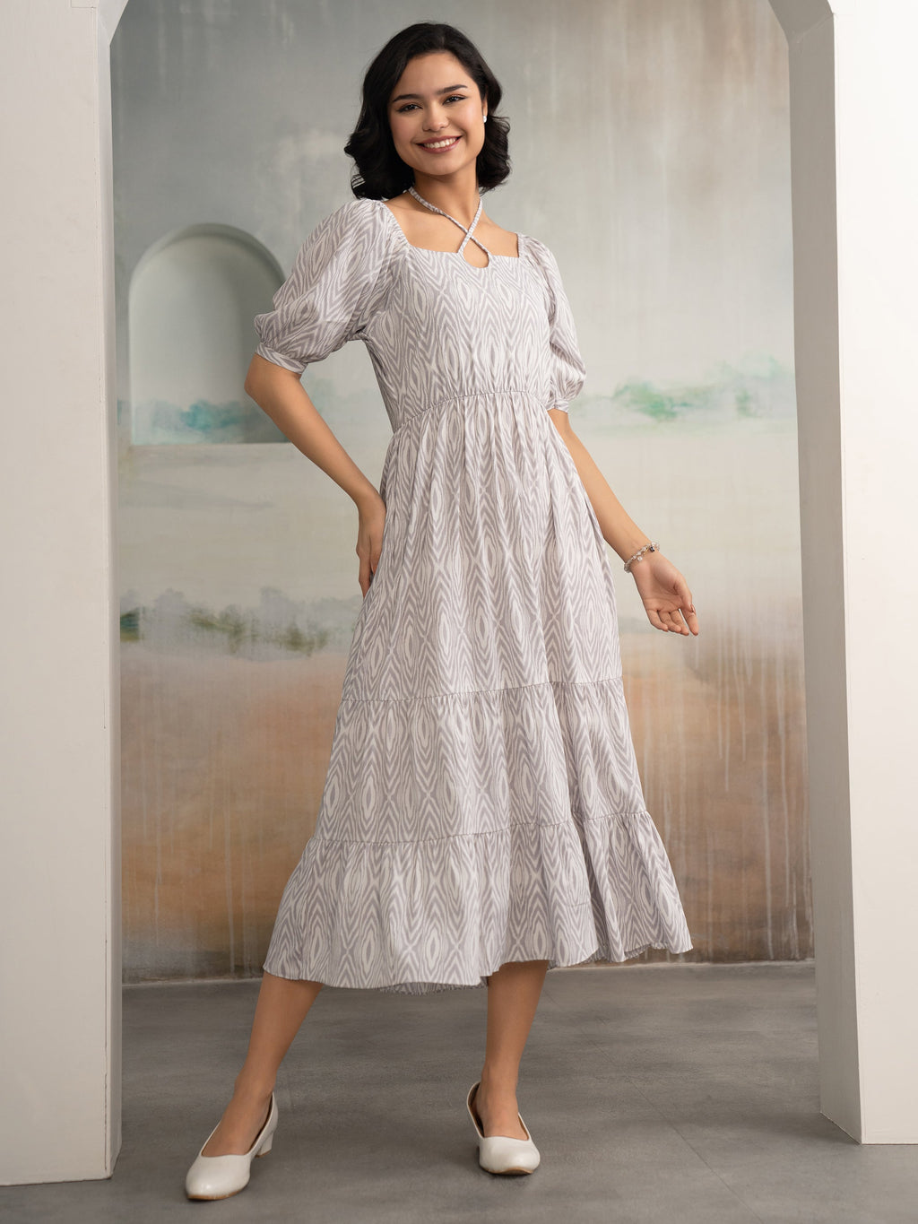 Aask Women's Black Printed Crush Crepe Tiered Fit - Flare Midi Length Dress