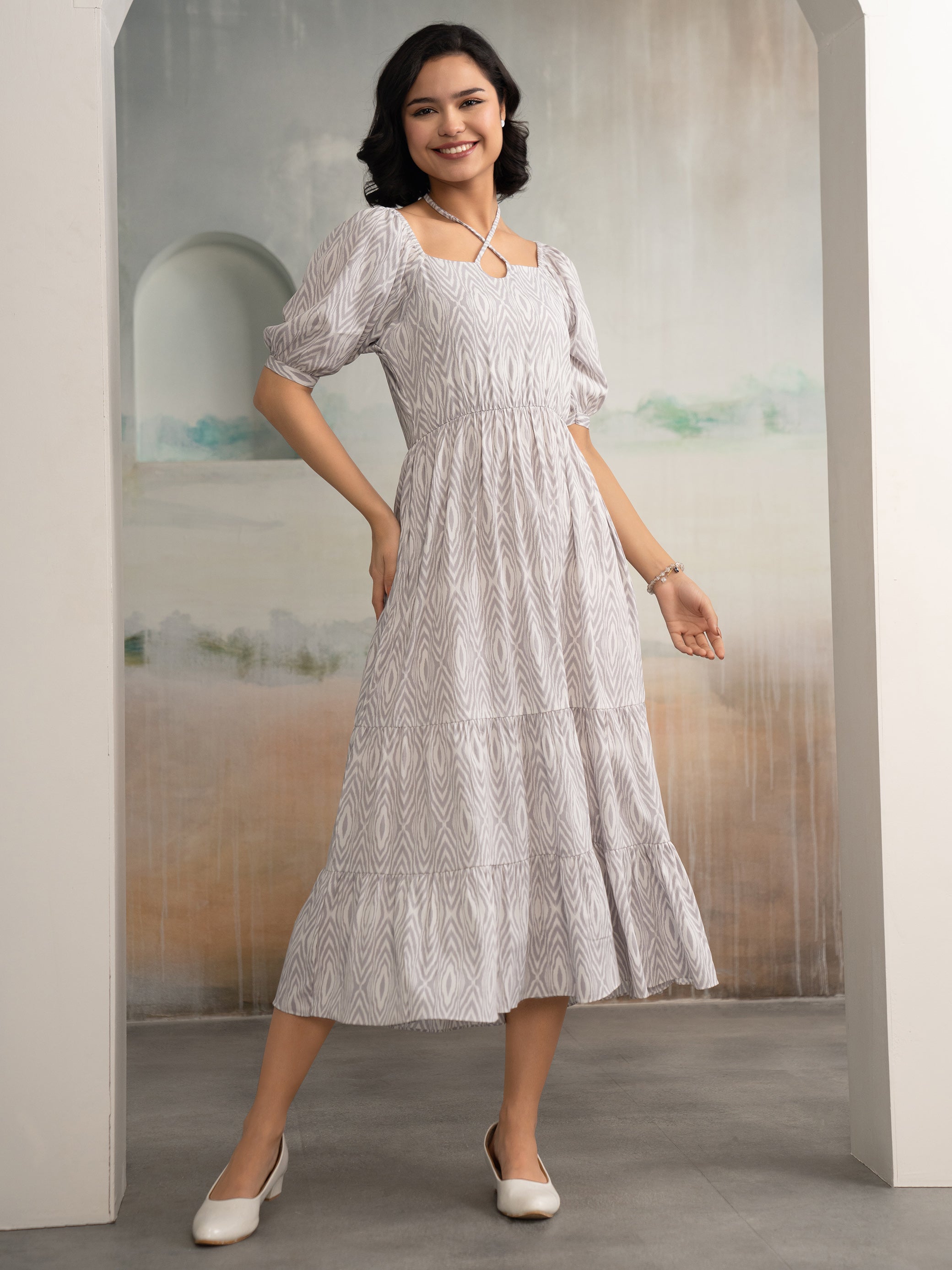 Aask Women's Black Printed Crush Crepe Tiered Fit - Flare Midi Length Dress