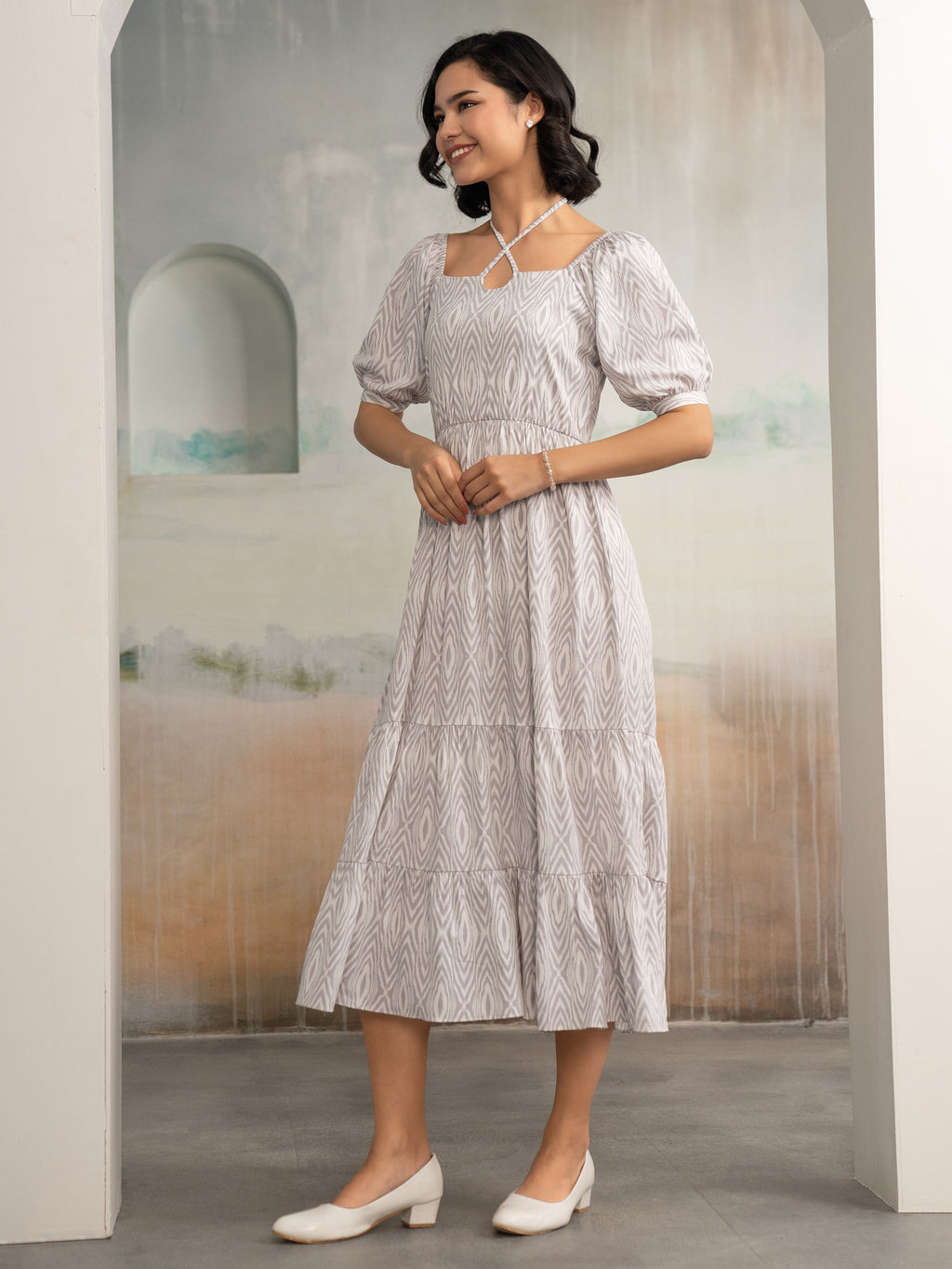 Aask Women's Black Printed Crush Crepe Tiered Fit - Flare Midi Length Dress