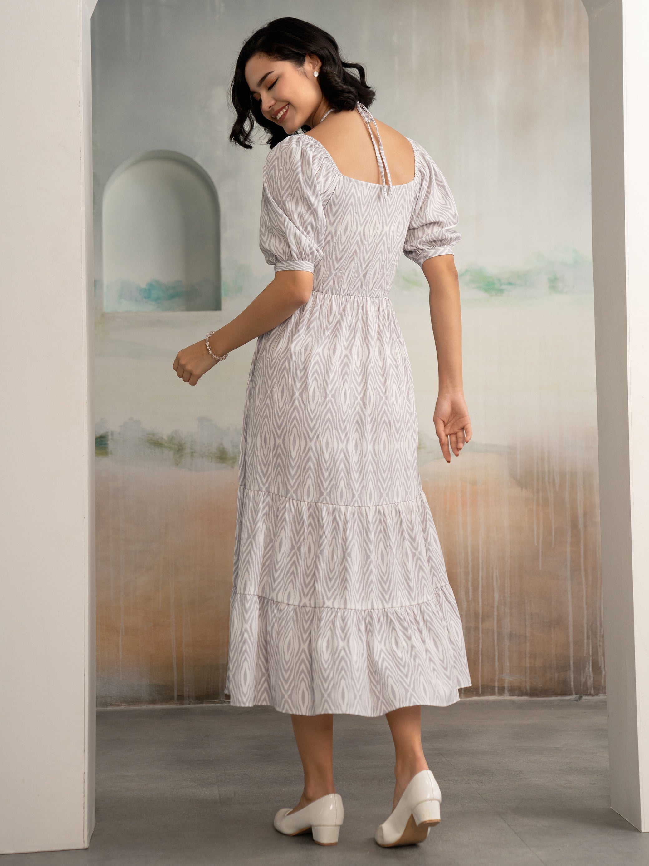 Aask Women's Black Printed Crush Crepe Tiered Fit - Flare Midi Length Dress