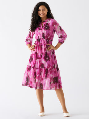 Puff Sleeves Gathered or Pleated Tiered Fit  Flare Dress