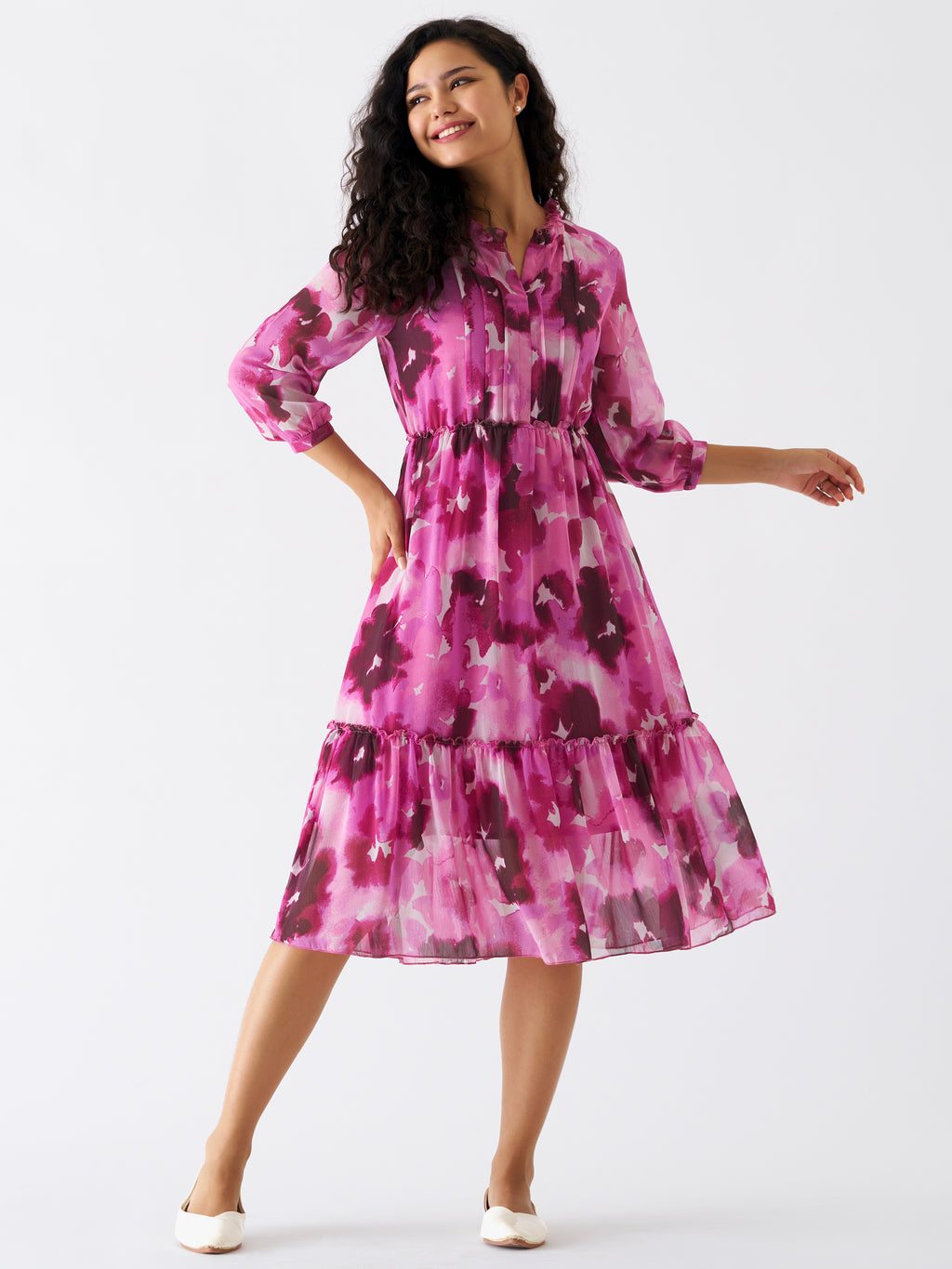 Puff Sleeves Gathered or Pleated Tiered Fit  Flare Dress