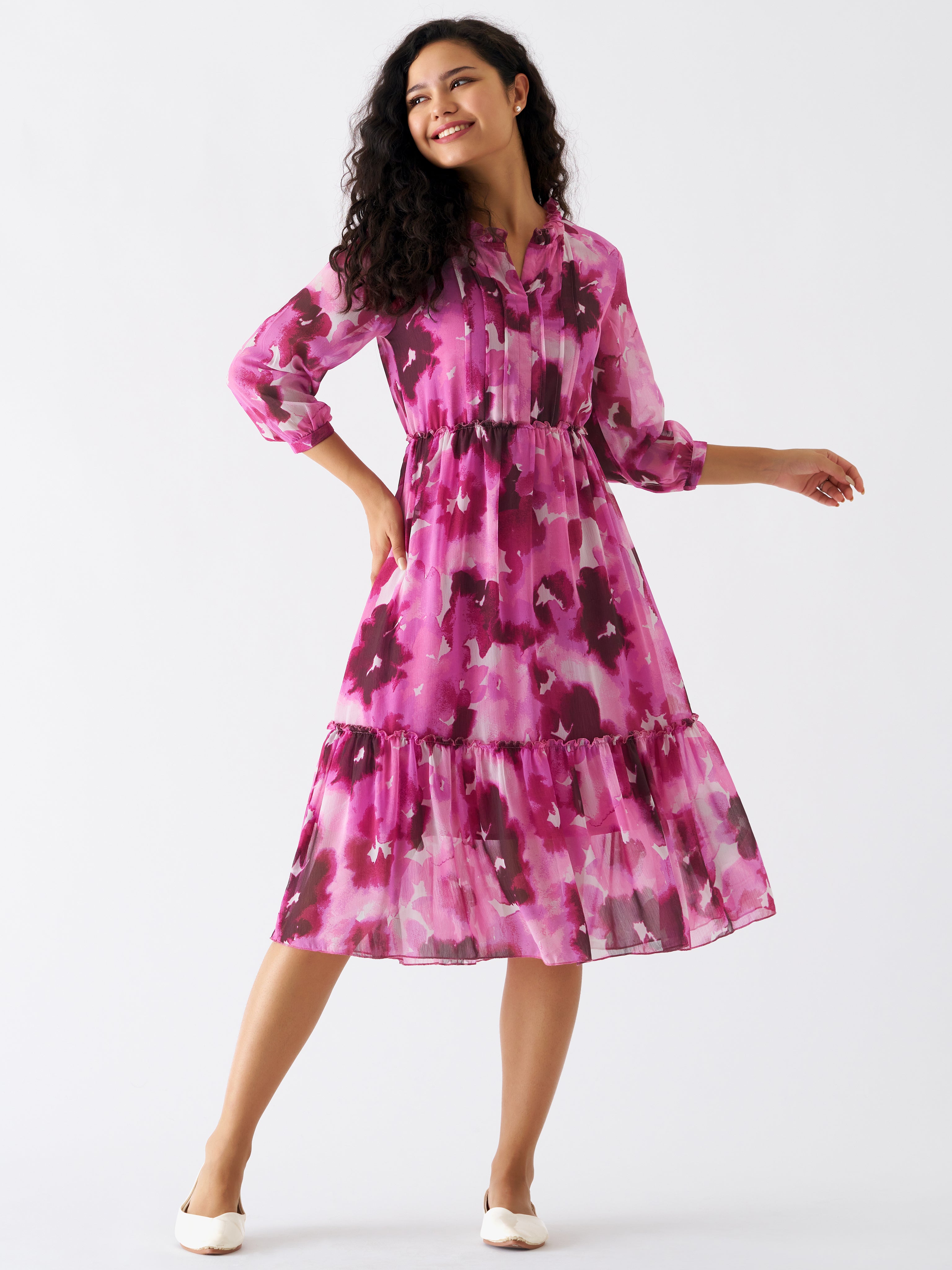 Puff Sleeves Gathered or Pleated Tiered Fit  Flare Dress