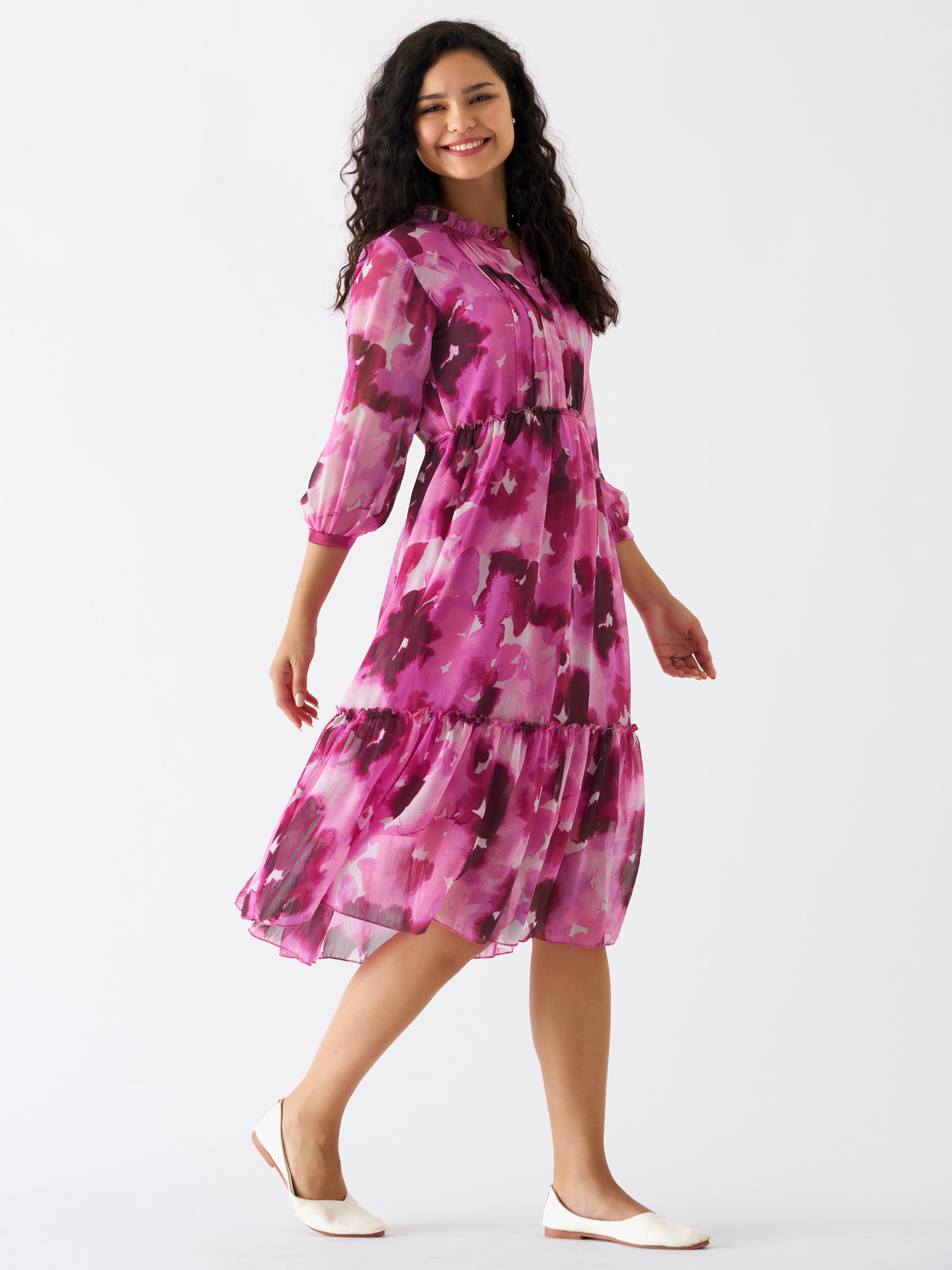 Puff Sleeves Gathered or Pleated Tiered Fit  Flare Dress
