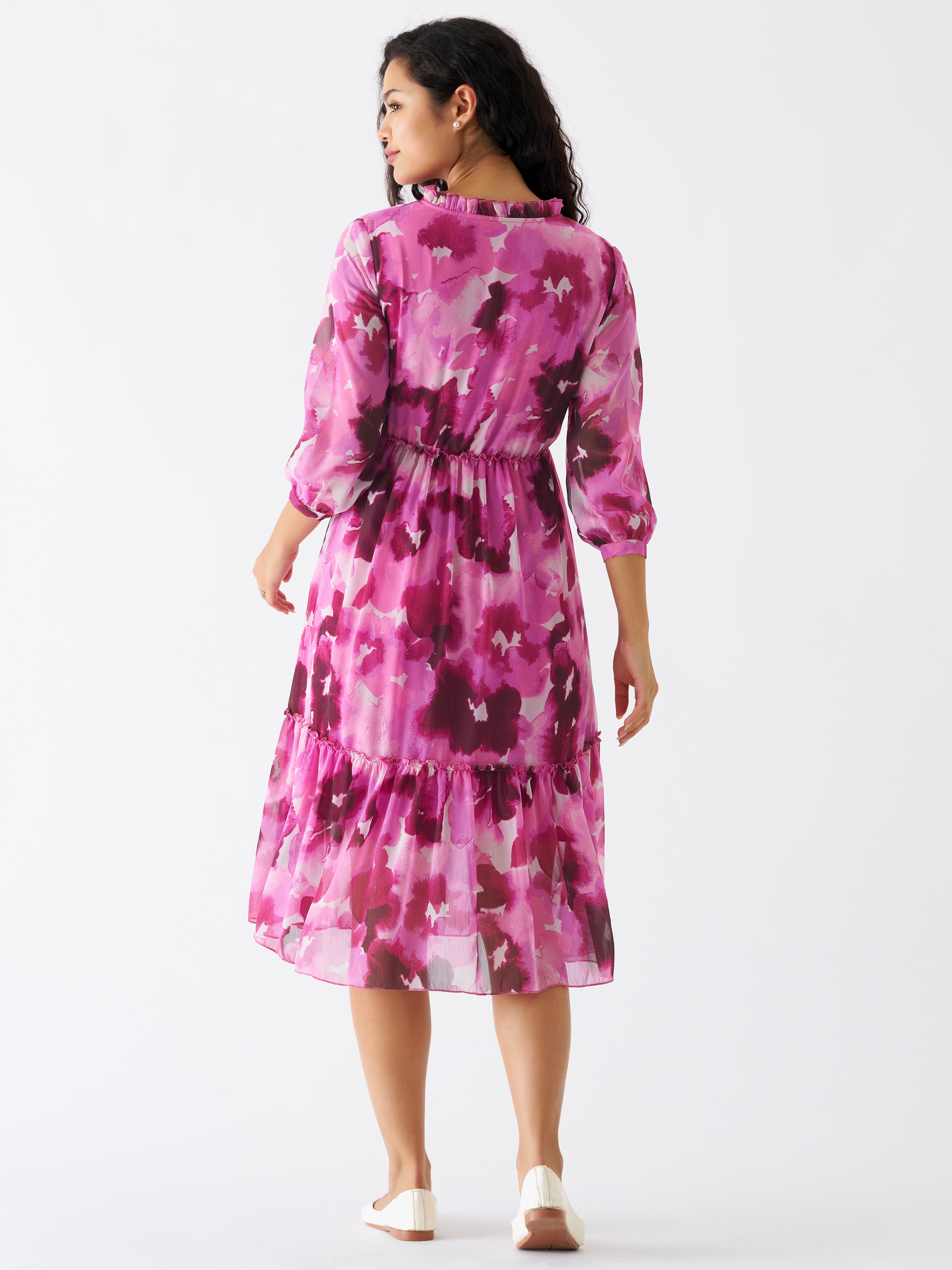 Puff Sleeves Gathered or Pleated Tiered Fit  Flare Dress