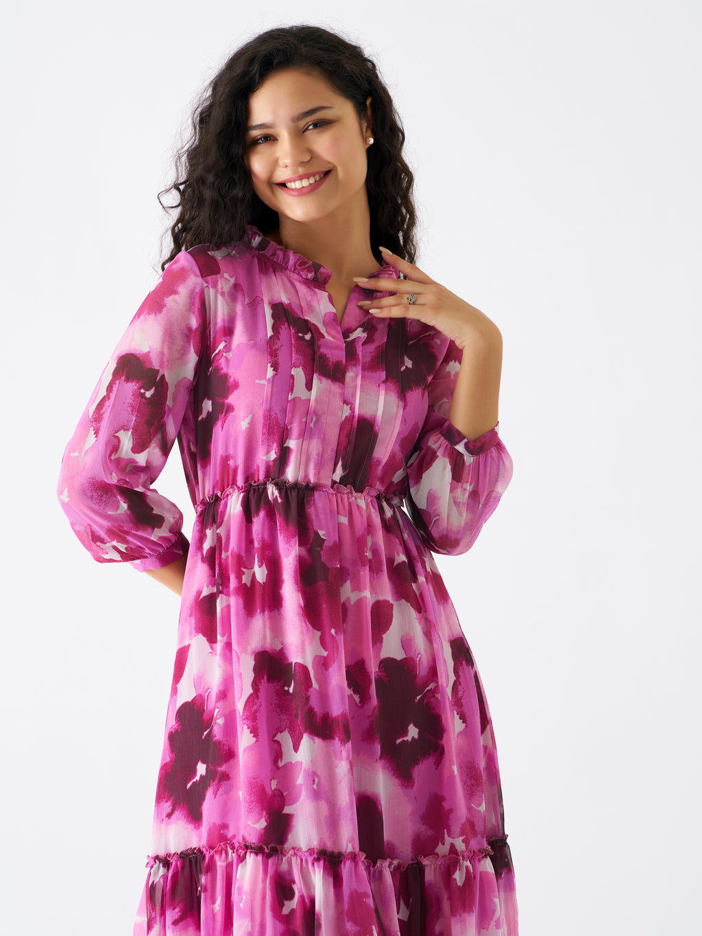 Puff Sleeves Gathered or Pleated Tiered Fit  Flare Dress