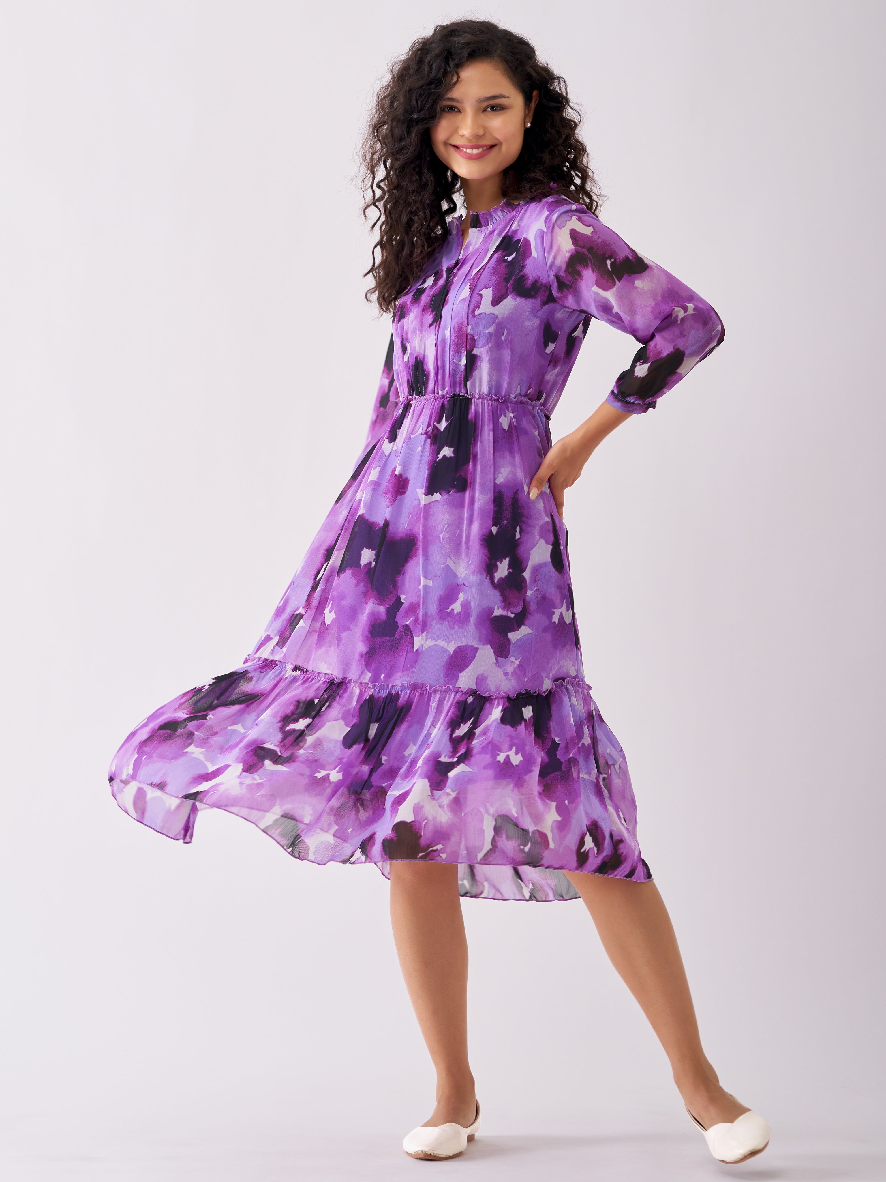 Puff Sleeves Gathered or Pleated Tiered Fit  Flare Dress